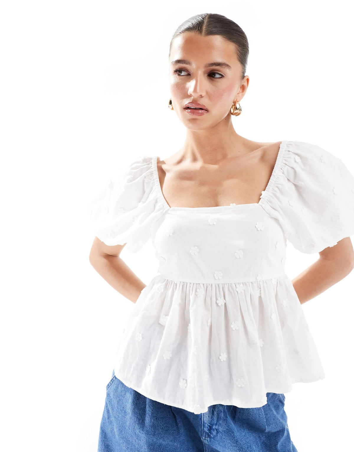 New Look daisy embroidered puff sleeve peplum top in white - ASOS Sample Sale