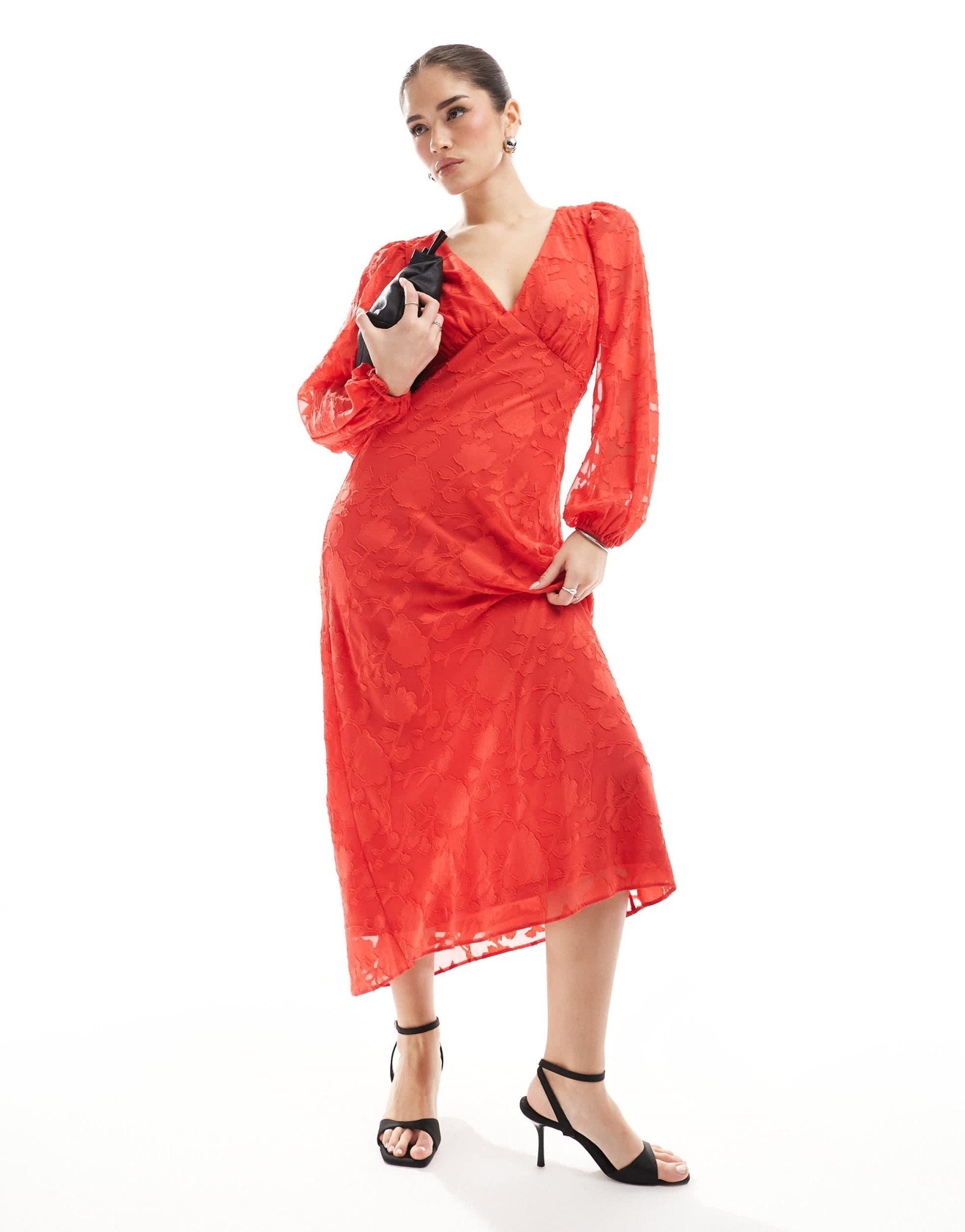 New Look devore long sleeve midi dress in red - ASOS Sample Sale