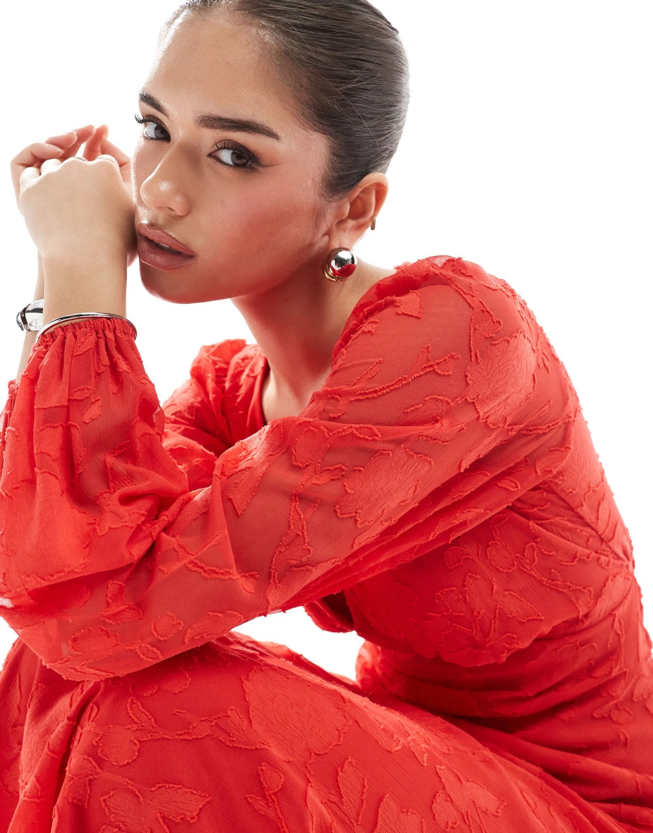 New Look devore long sleeve midi dress in red - ASOS Sample Sale