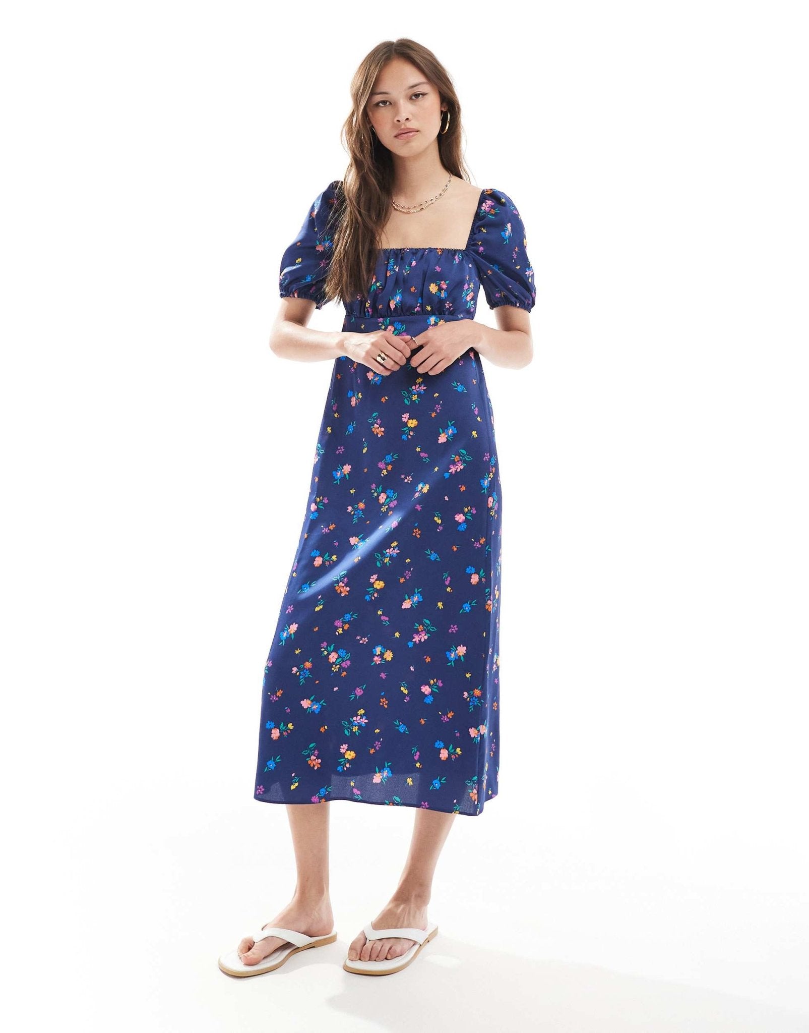 New Look ditsy floral milkmaid satin midi dress in blue - ASOS Sample Sale