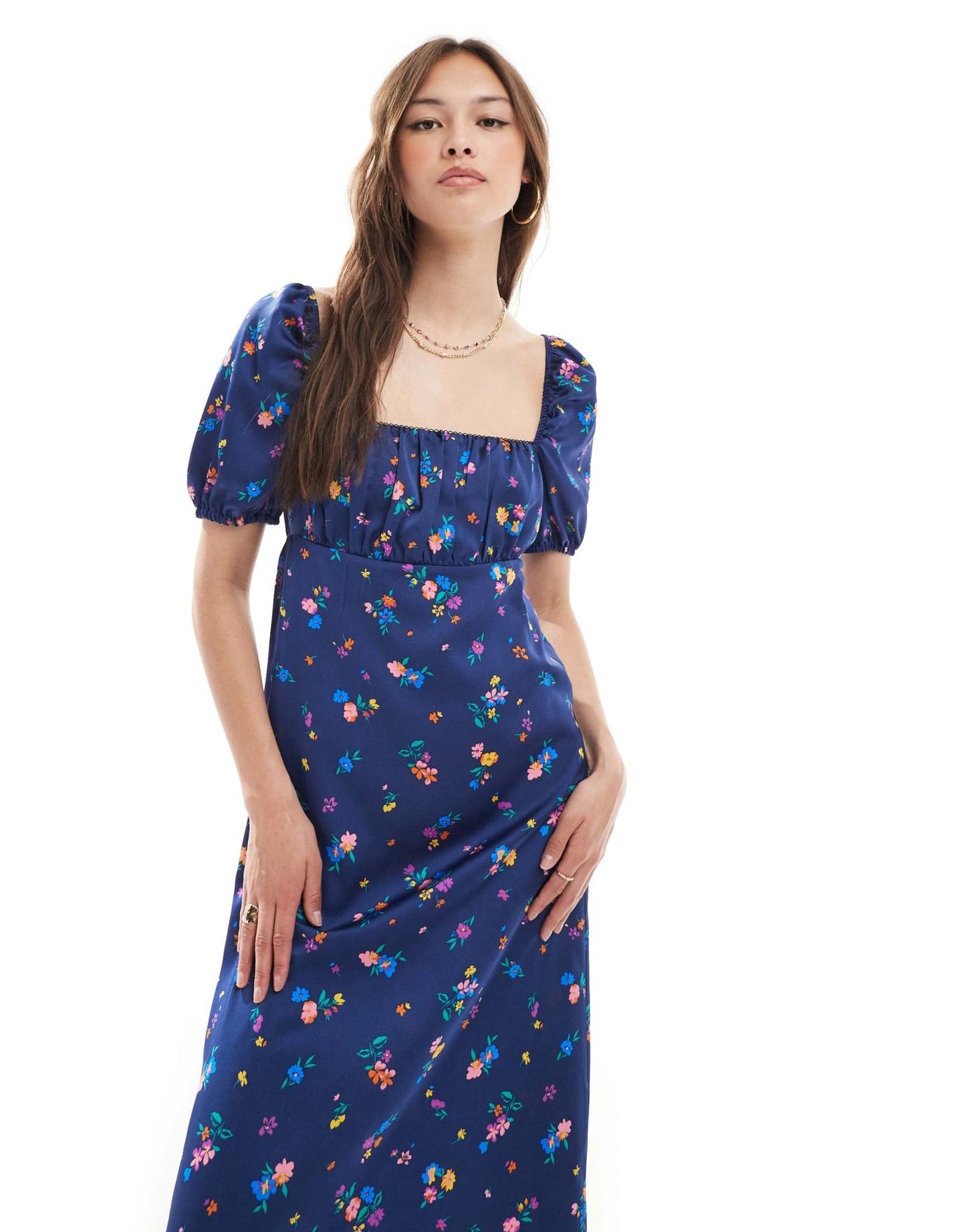 New Look ditsy floral milkmaid satin midi dress in blue - ASOS Sample Sale
