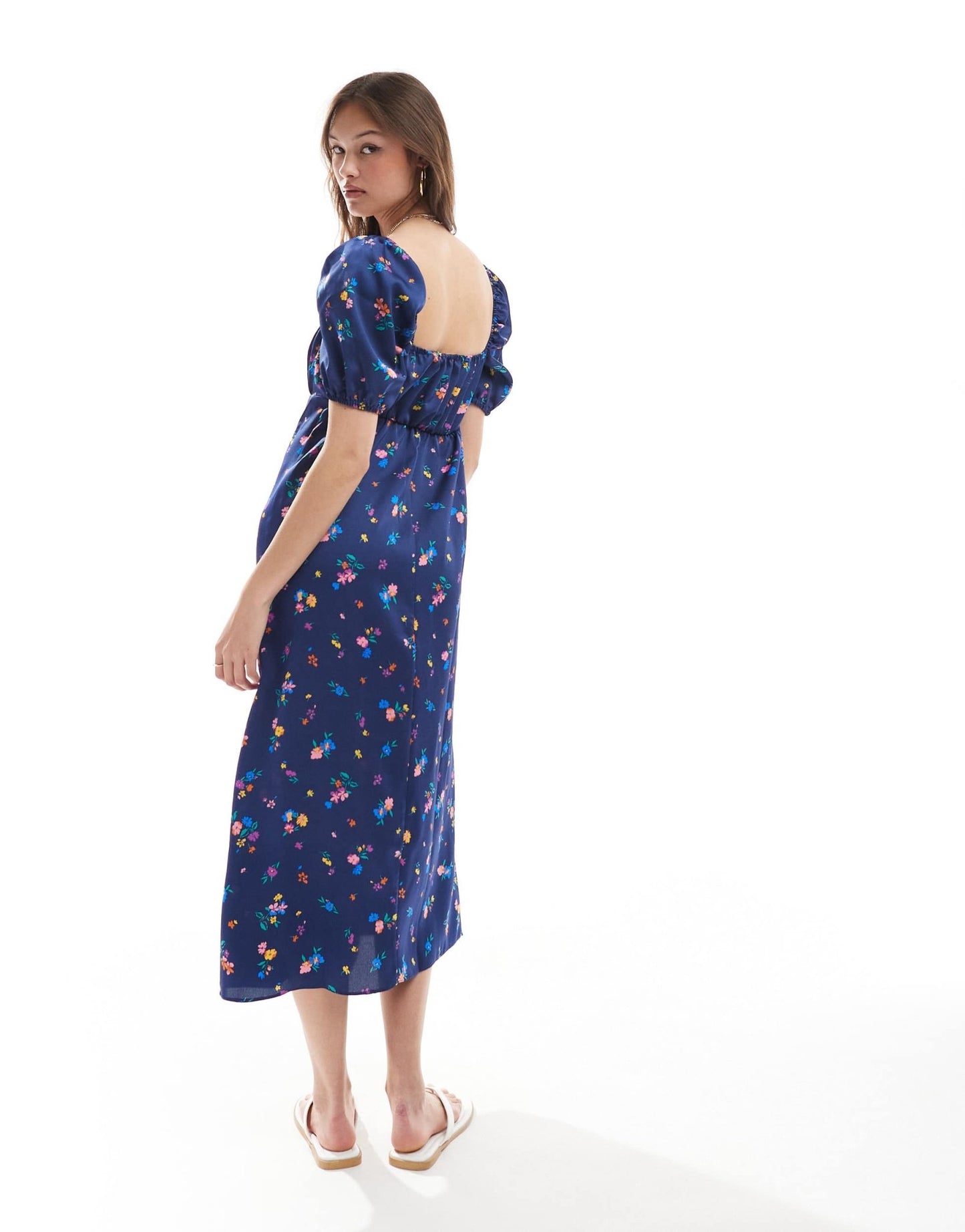 New Look ditsy floral milkmaid satin midi dress in blue - ASOS Sample Sale