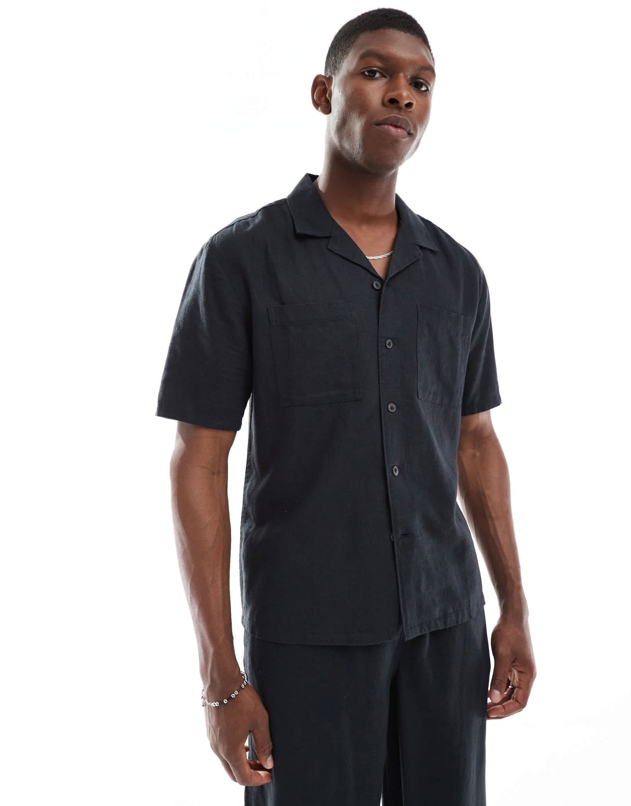 New Look double pocket boxy linen look shirt co-ord in black - ASOS Sample Sale