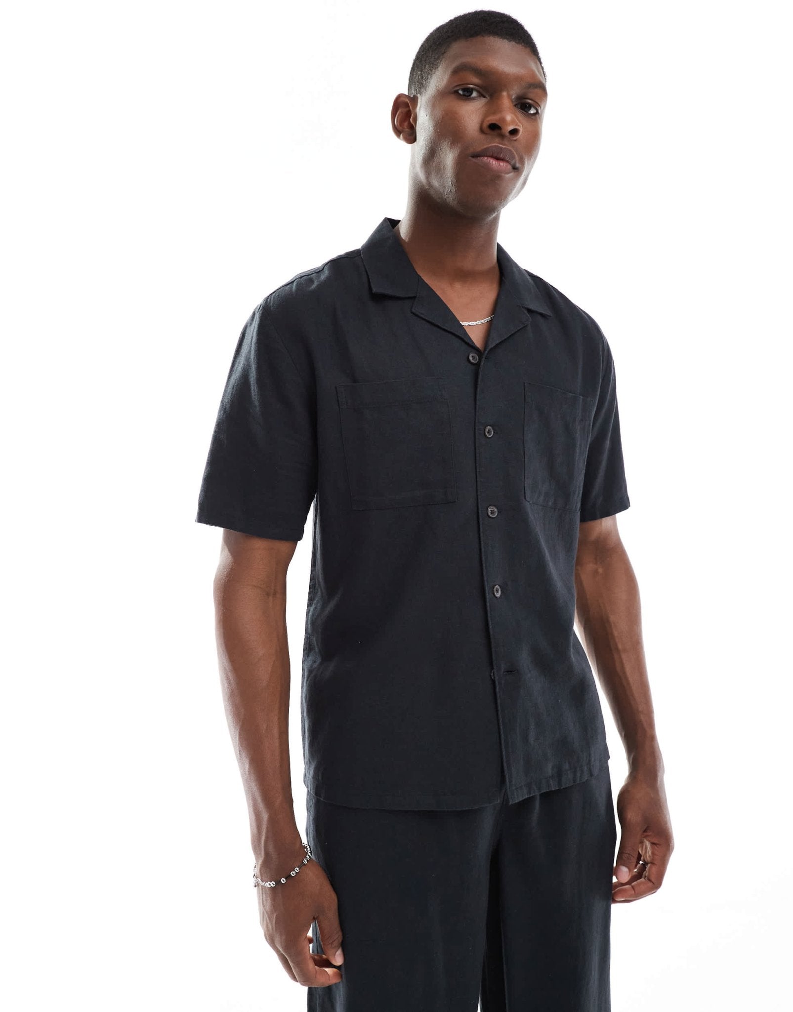New Look double pocket boxy linen look shirt co-ord in black - ASOS Sample Sale