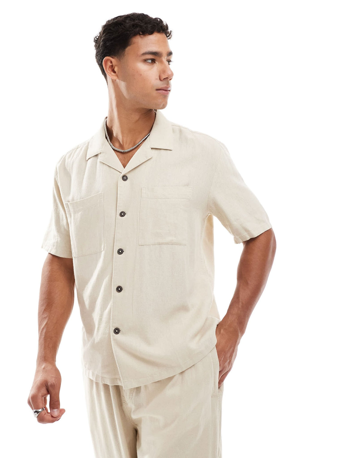 New Look double pocket boxy linen look shirt co-ord in stone - ASOS Sample Sale
