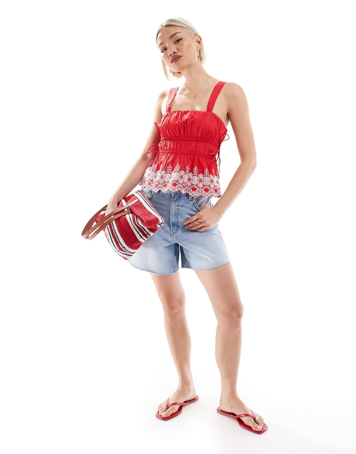 New Look embroidered hem strappy cami in red - ASOS Sample Sale