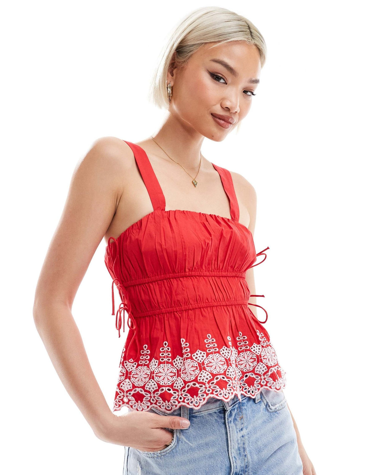 New Look embroidered hem strappy cami in red - ASOS Sample Sale
