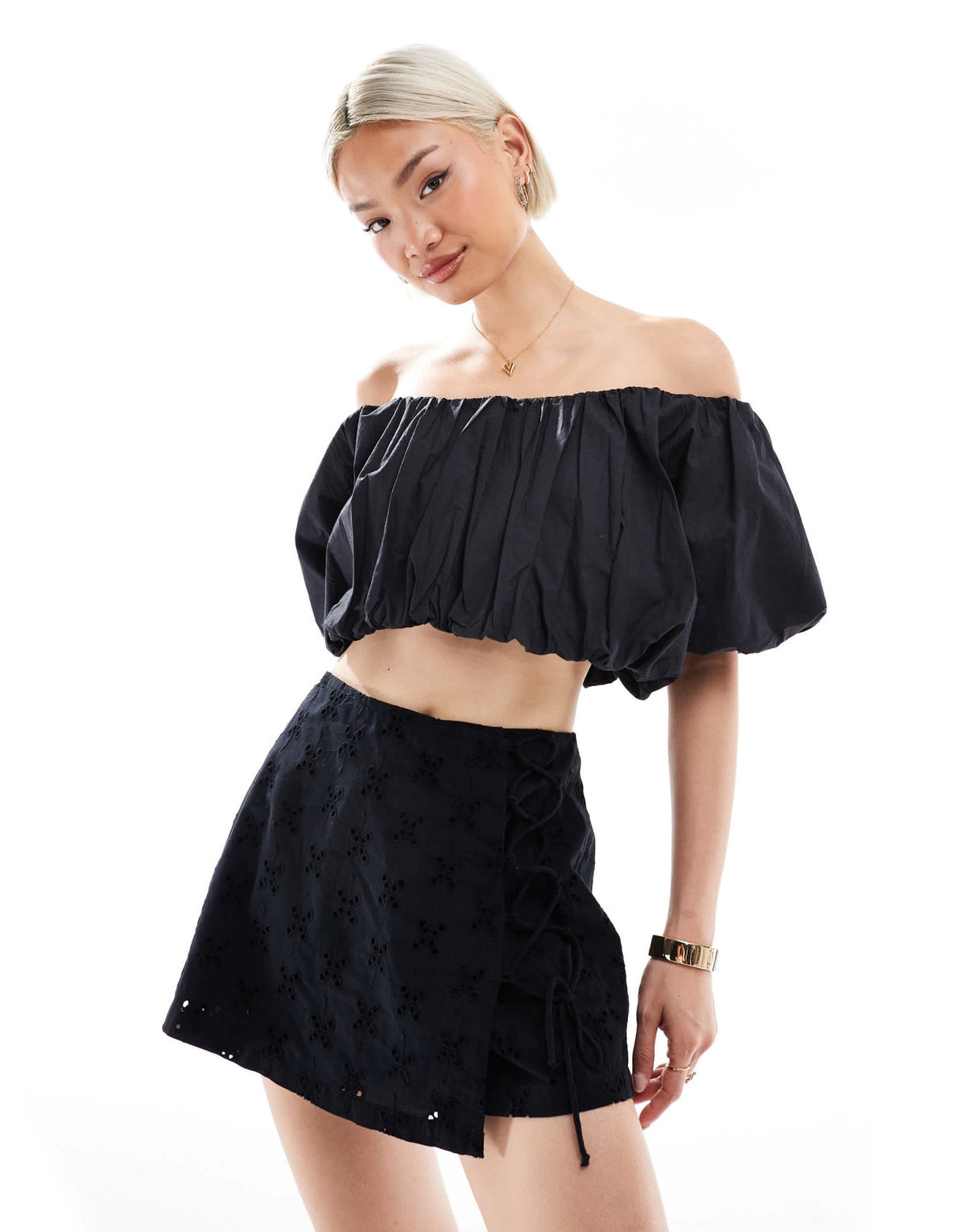 New Look embroidered tie side mini skort in black - ASOS Sample Sale