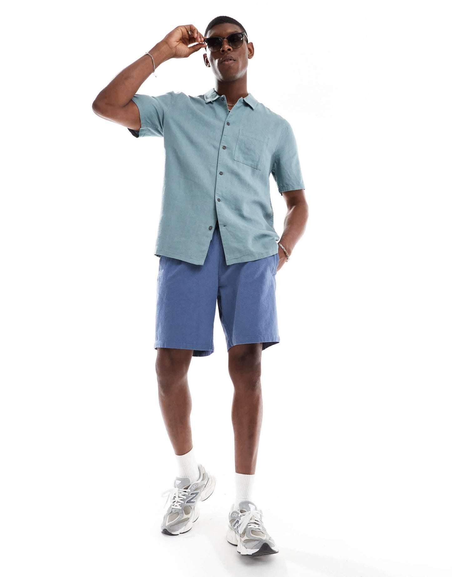 New Look flat collar linen - blend shirt in teal blue - ASOS Sample Sale