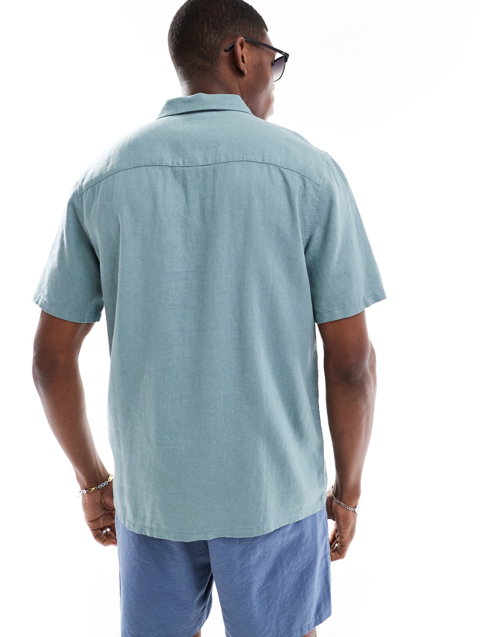New Look flat collar linen - blend shirt in teal blue - ASOS Sample Sale