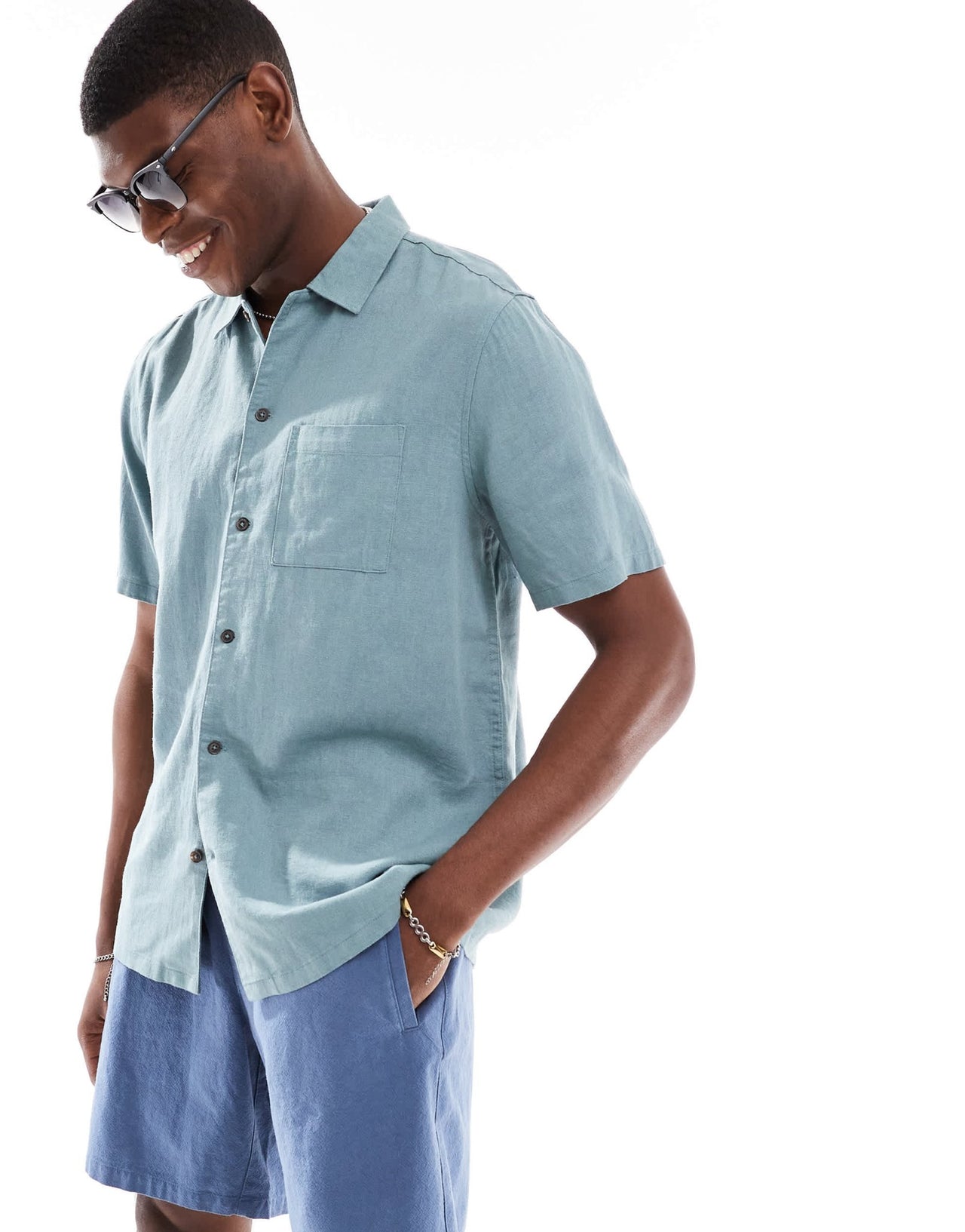 New Look flat collar linen - blend shirt in teal blue - ASOS Sample Sale