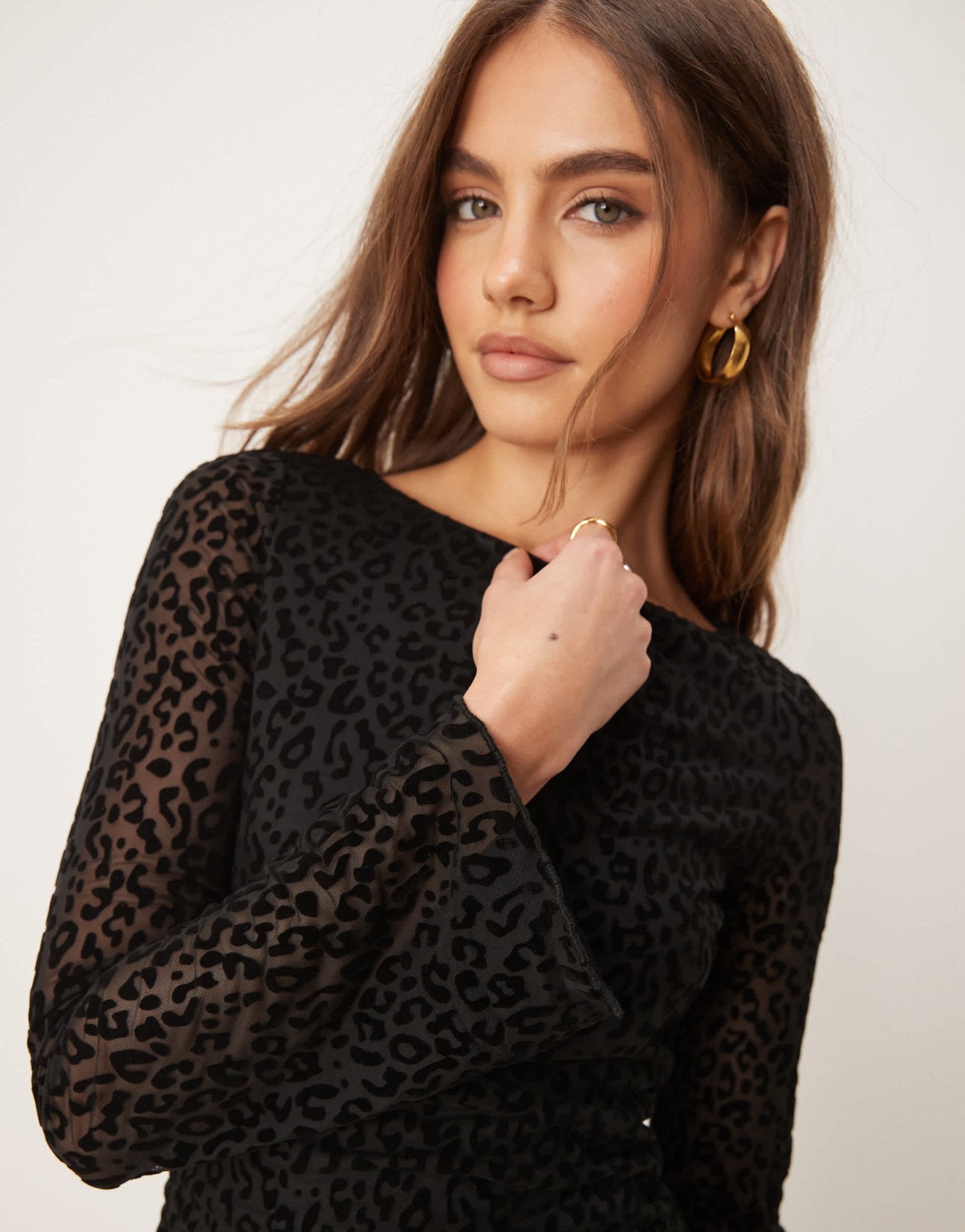 New Look flocked leopard mesh long sleeve mini dress in black - ASOS Sample Sale