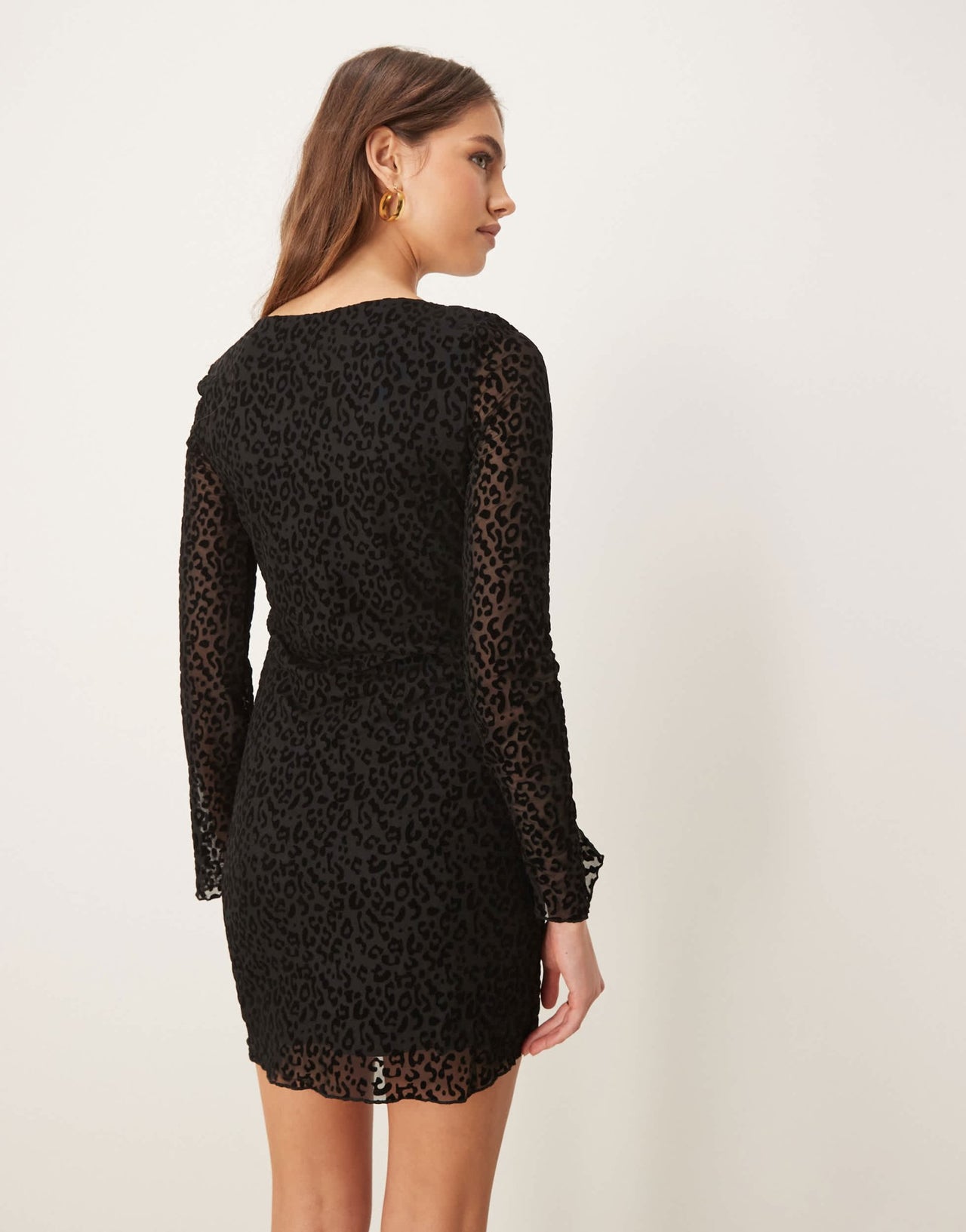 New Look flocked leopard mesh long sleeve mini dress in black - ASOS Sample Sale