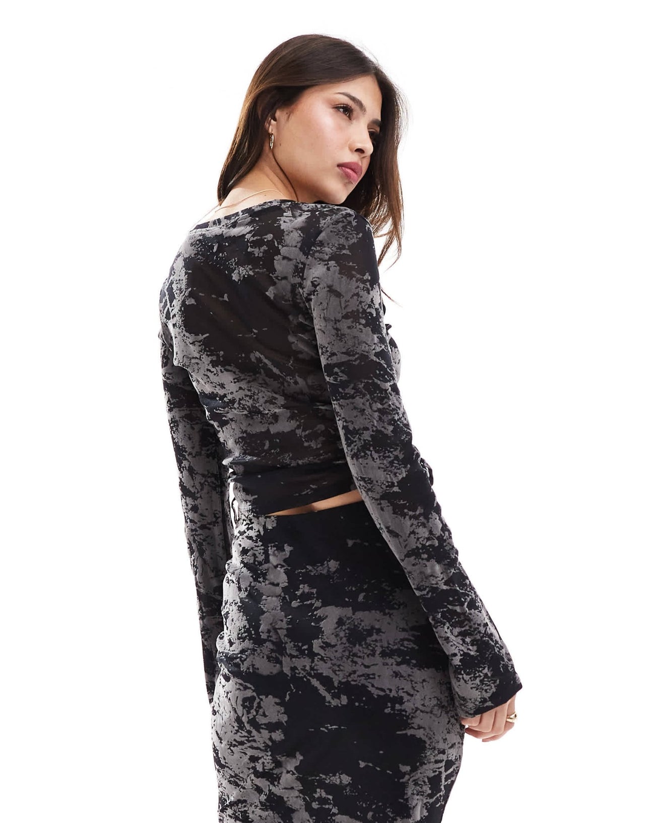 New Look flocked mesh long sleeve top in black pattern - ASOS Sample Sale