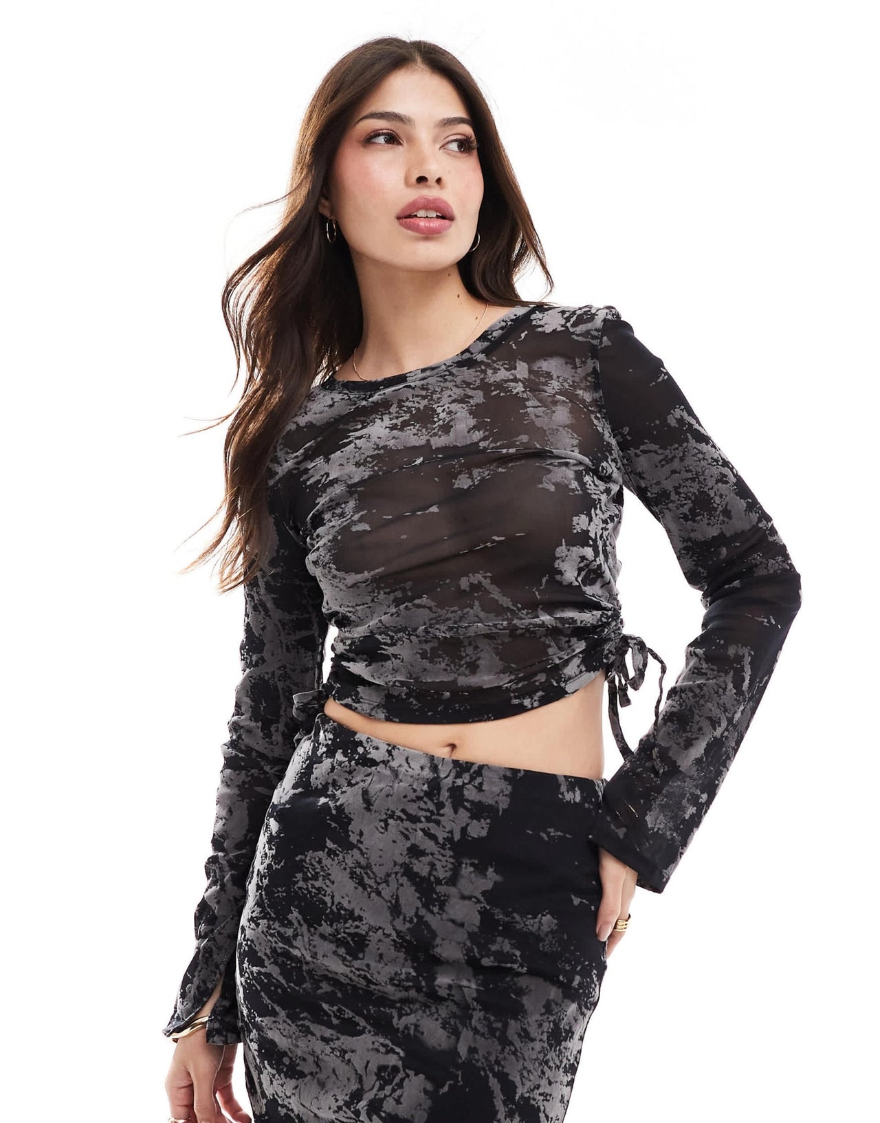 New Look flocked mesh long sleeve top in black pattern - ASOS Sample Sale