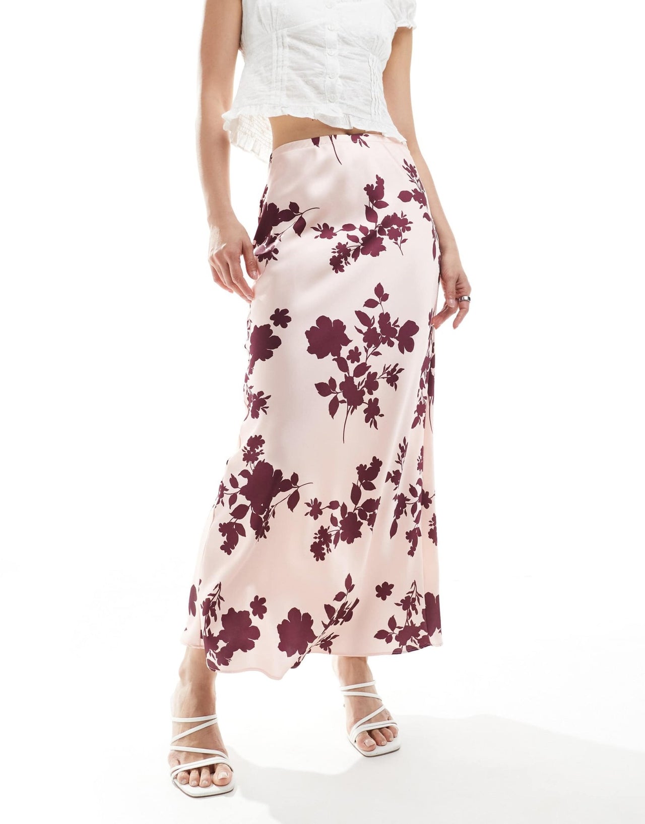 New Look floral satin midi skirt in pink - ASOS Sample Sale