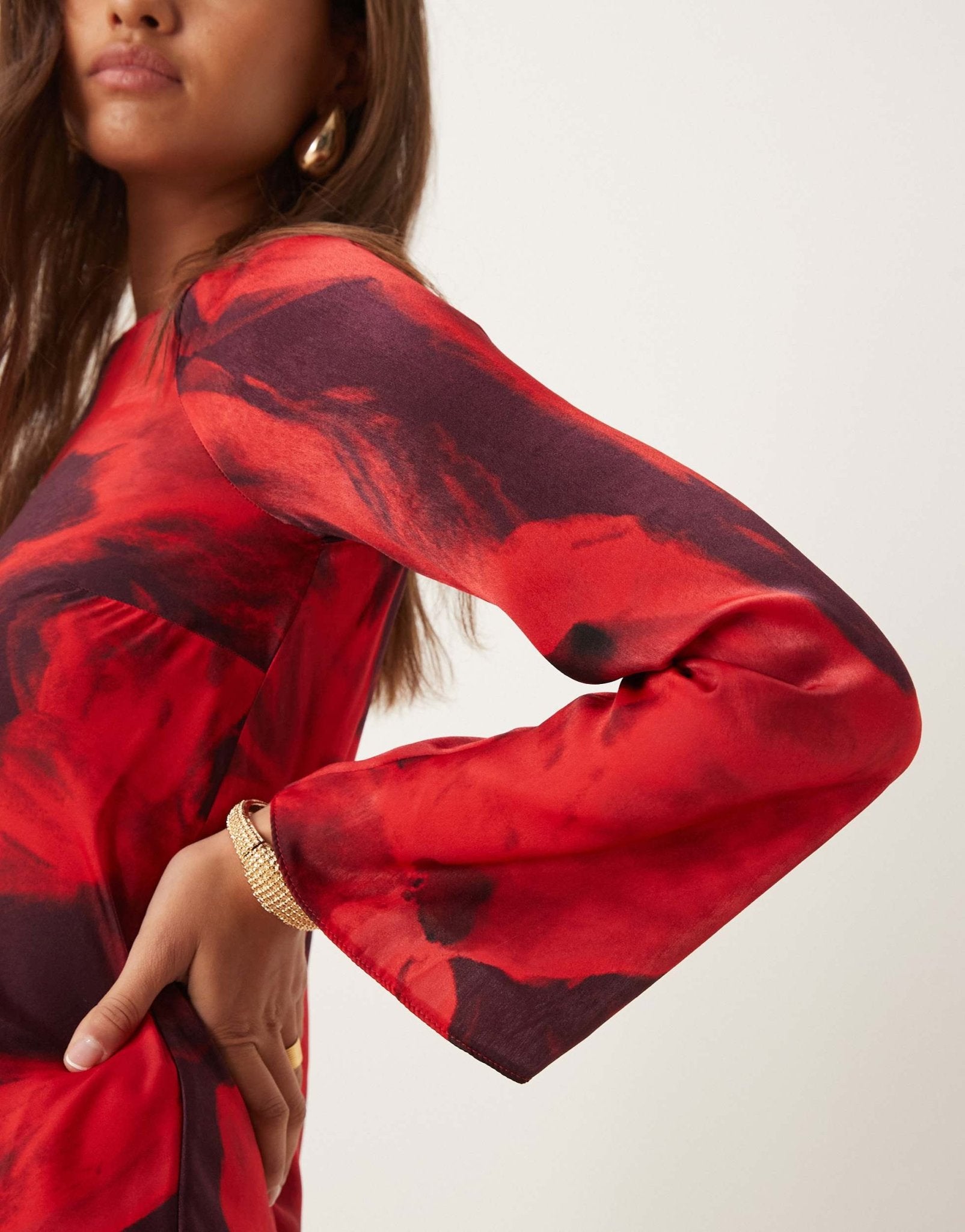 New Look flute sleeve maxi dress in red print - ASOS Sample Sale