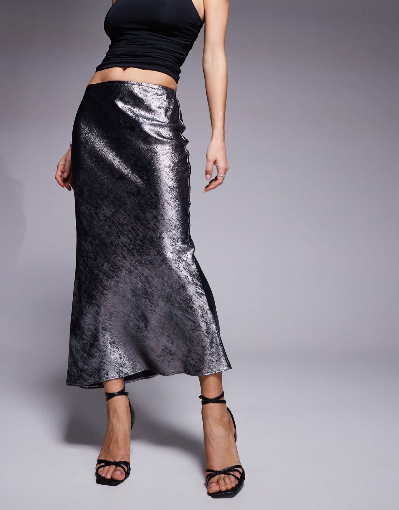 New Look foil satin midi skirt in silver - ASOS Sample Sale