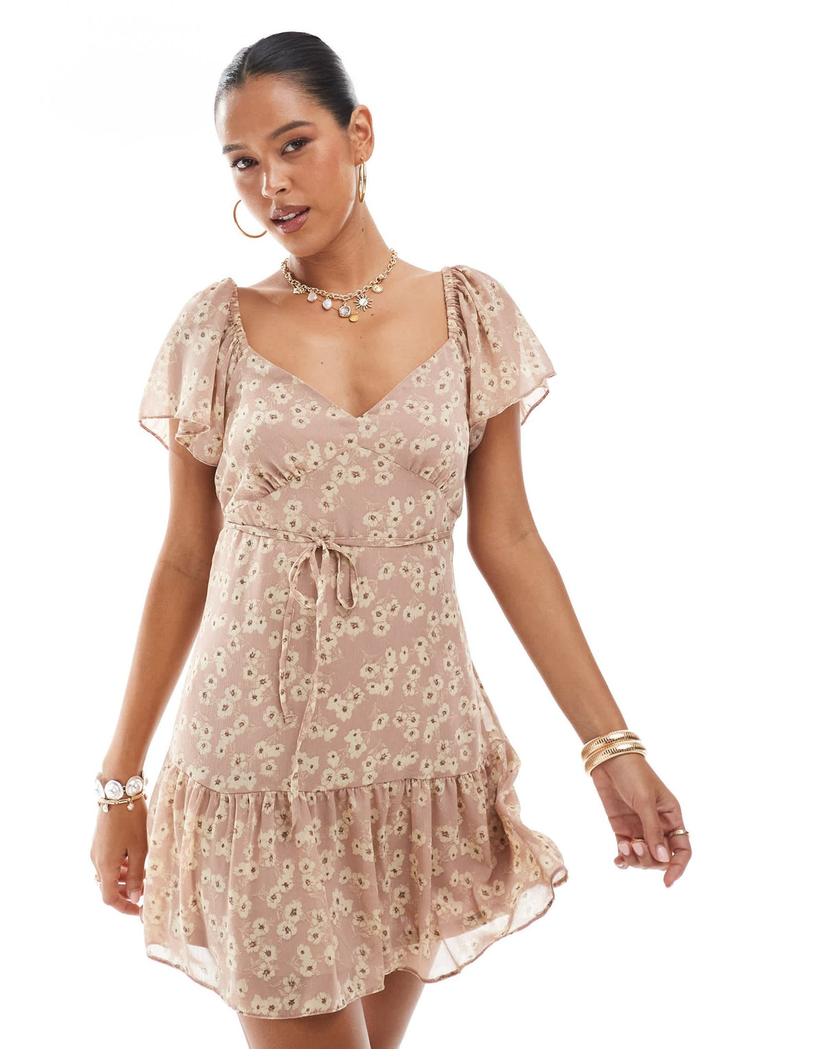 New Look frill skirt mini dress in brown floral pattern - ASOS Sample Sale