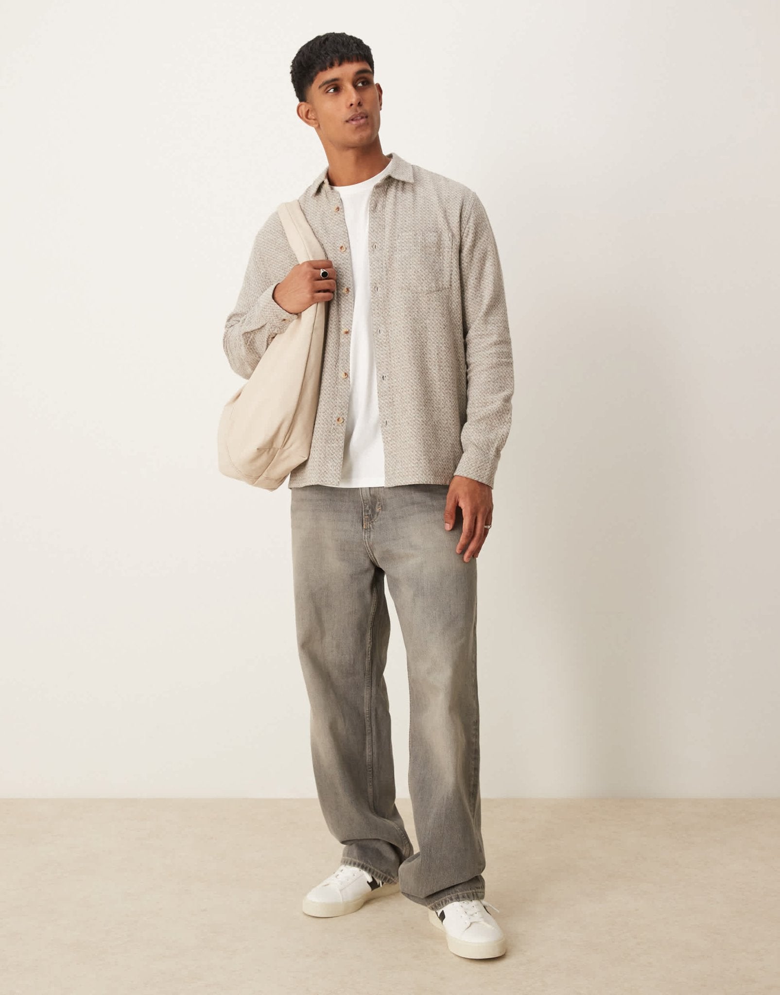 New Look herringbone overshirt in oatmeal - ASOS Sample Sale