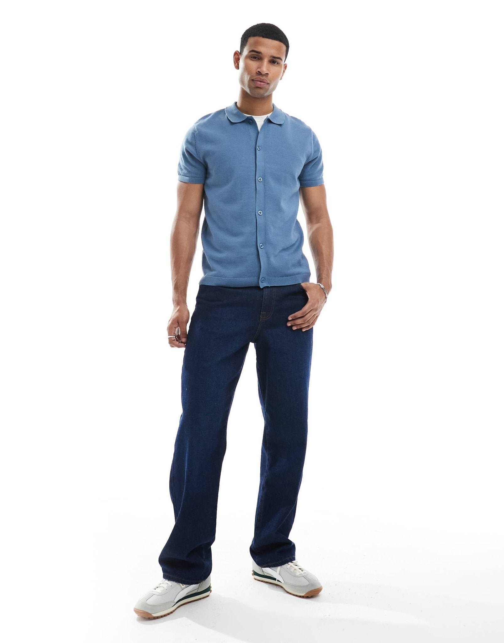 New Look knitted button down short sleeved shirt in blue - ASOS Sample Sale