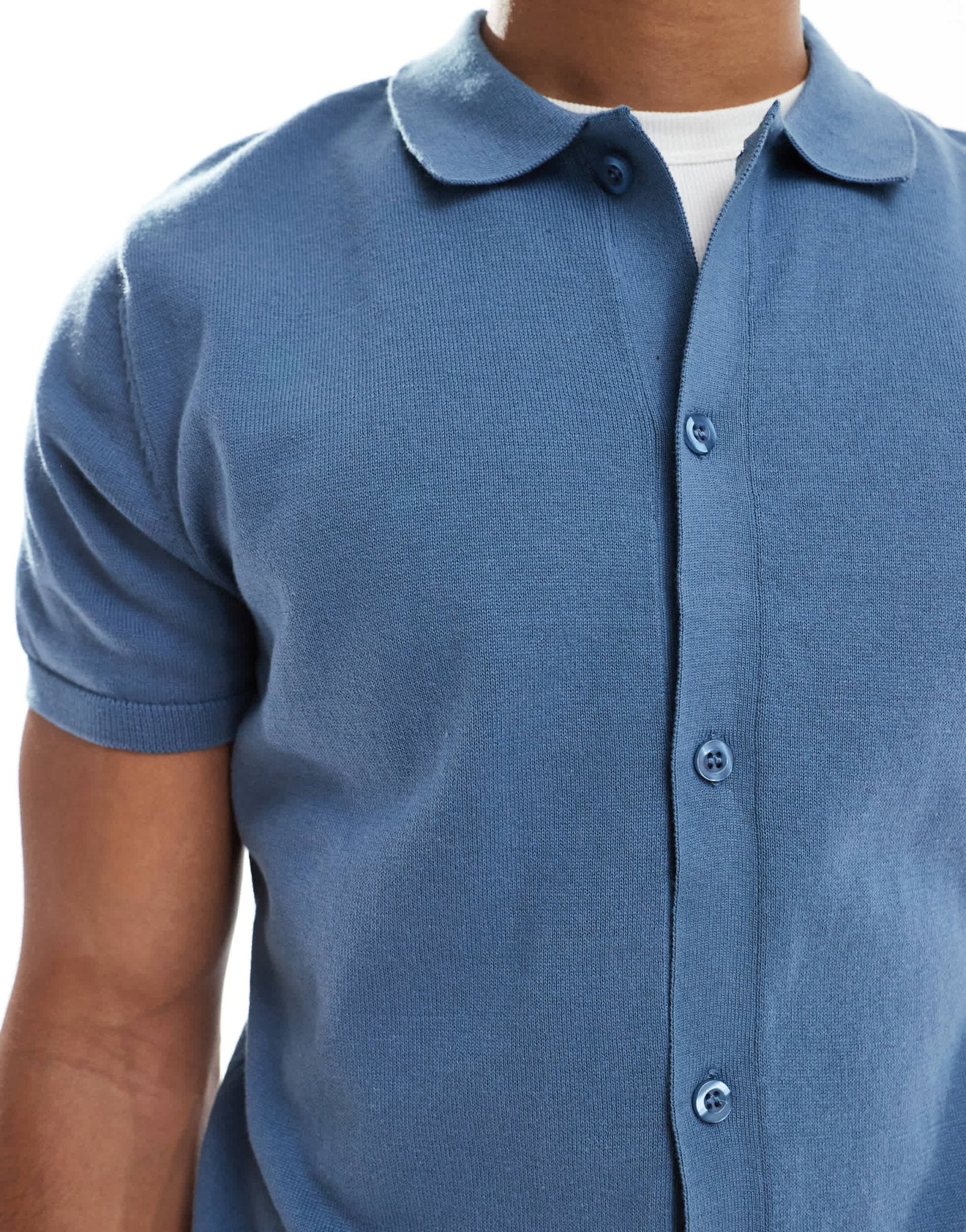 New Look knitted button down short sleeved shirt in blue - ASOS Sample Sale
