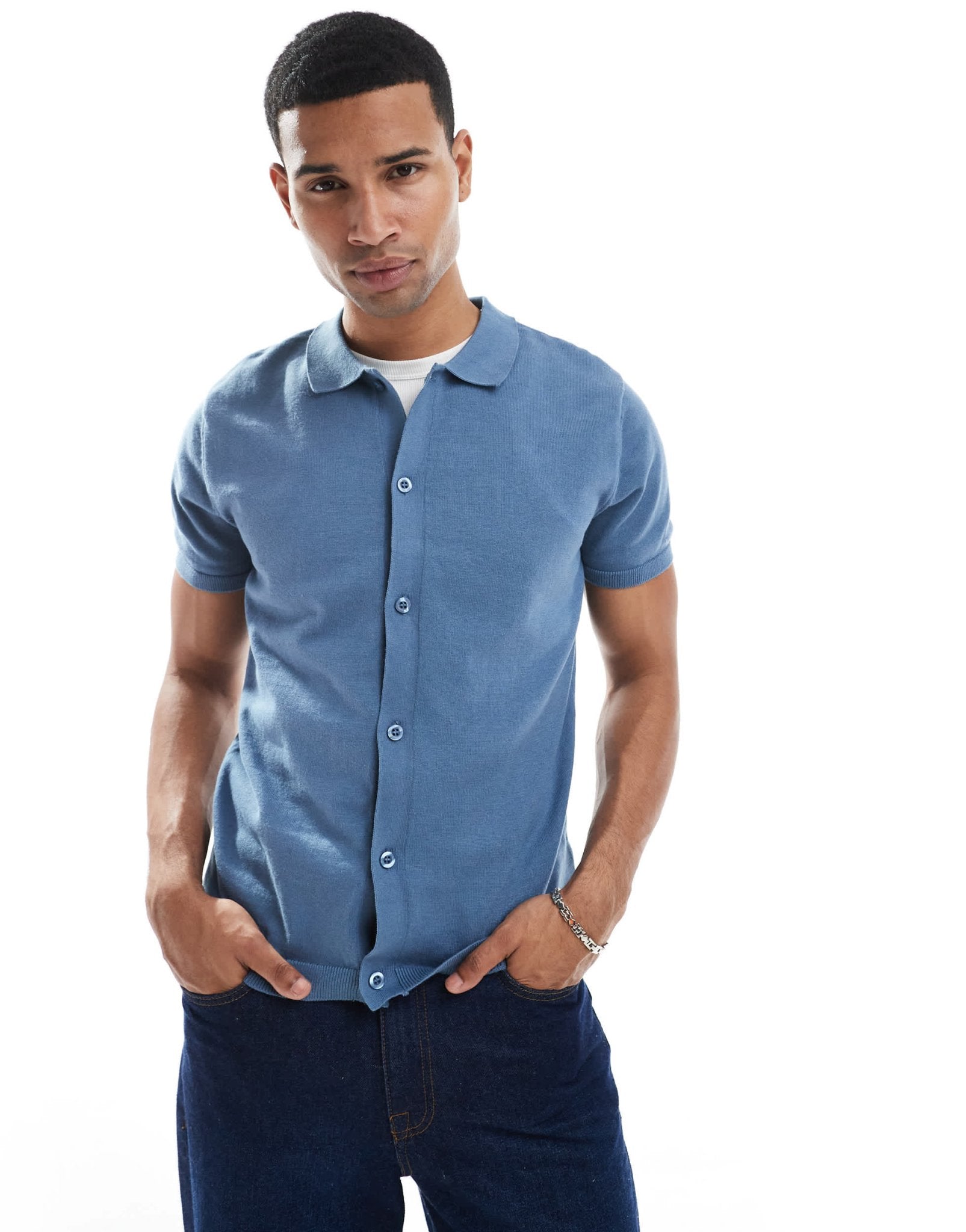 New Look knitted button down short sleeved shirt in blue - ASOS Sample Sale