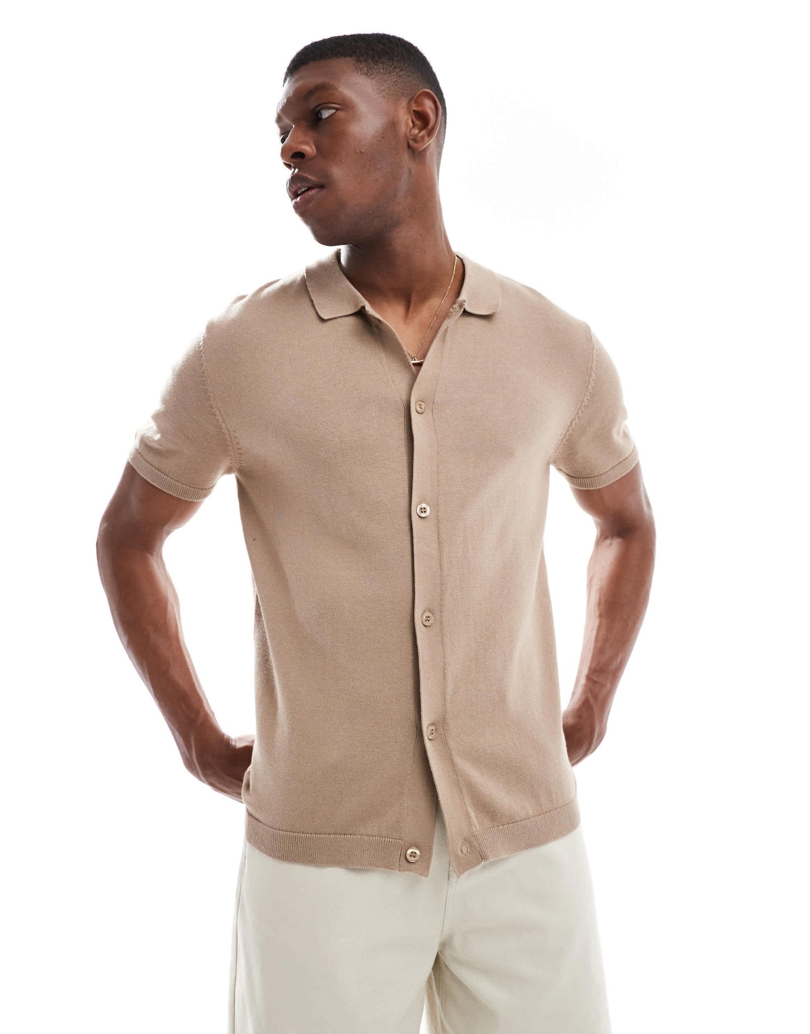 New Look knitted button down short sleeved shirt in tan - ASOS Sample Sale