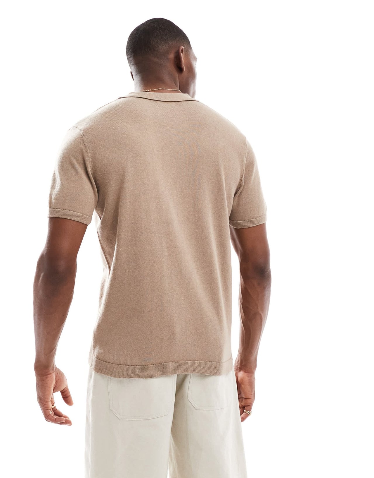 New Look knitted button down short sleeved shirt in tan - ASOS Sample Sale