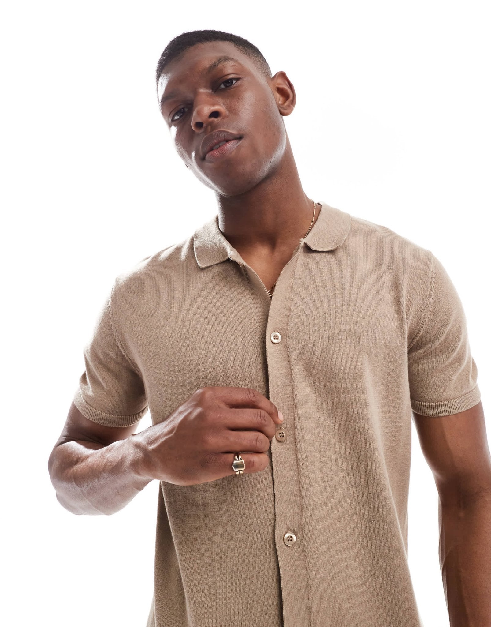New Look knitted button down short sleeved shirt in tan - ASOS Sample Sale