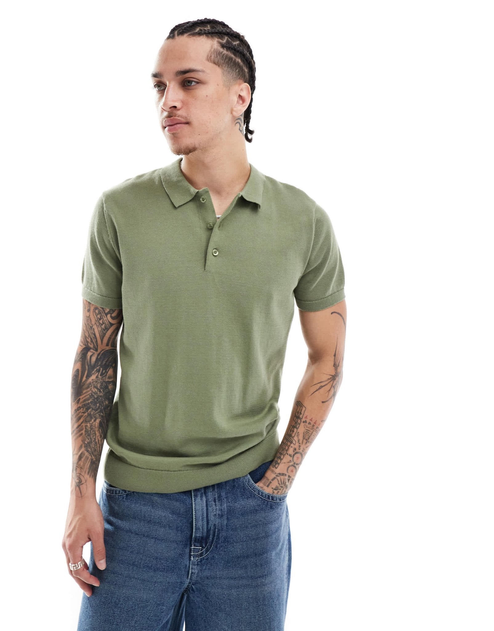 New Look knitted short sleeve polo in khaki - ASOS Sample Sale