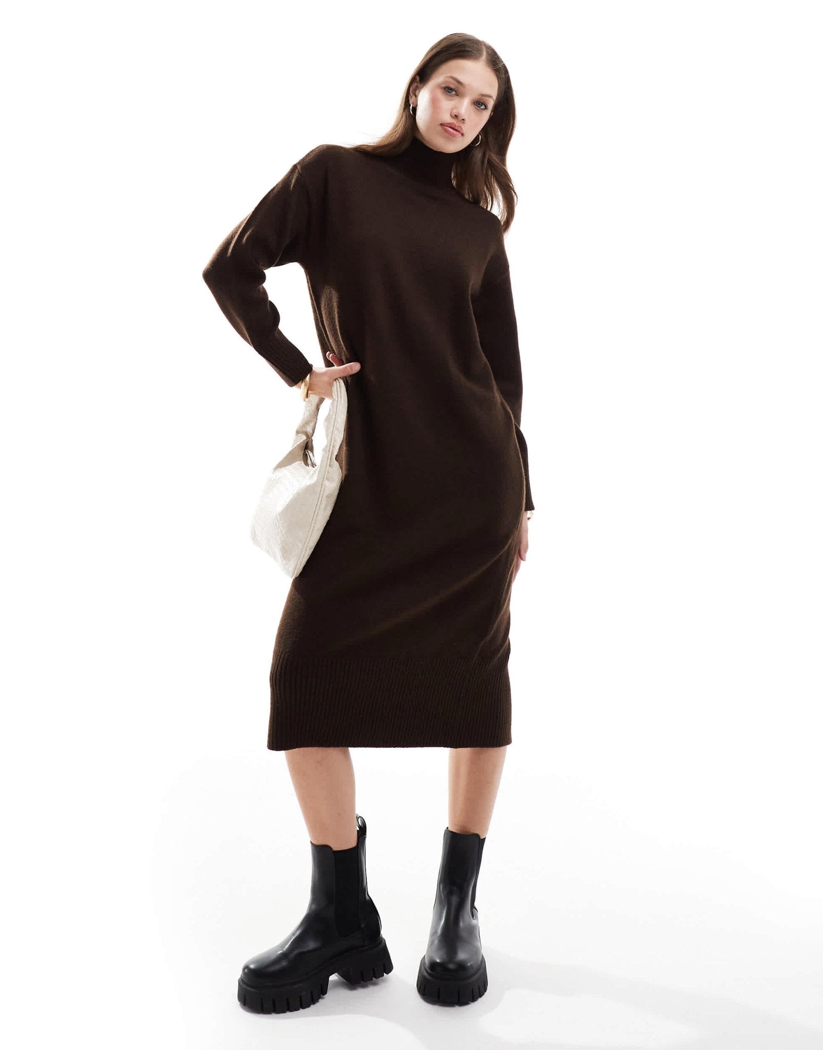 New Look knitted stand neck midi dress in brown - ASOS Sample Sale