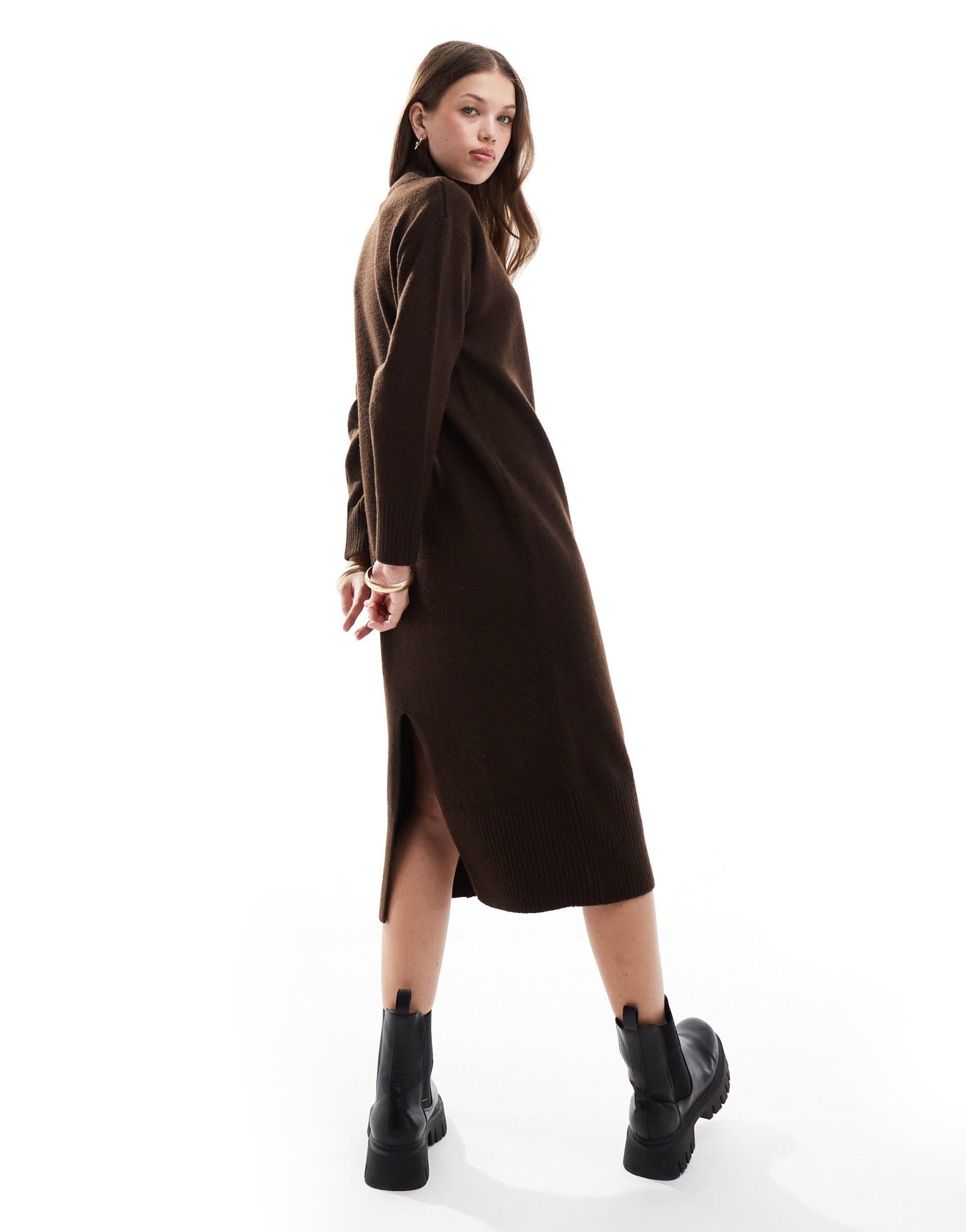New Look knitted stand neck midi dress in brown - ASOS Sample Sale