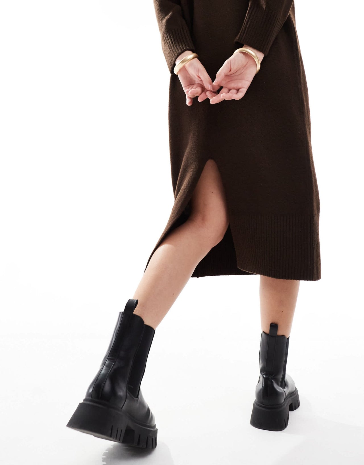 New Look knitted stand neck midi dress in brown - ASOS Sample Sale