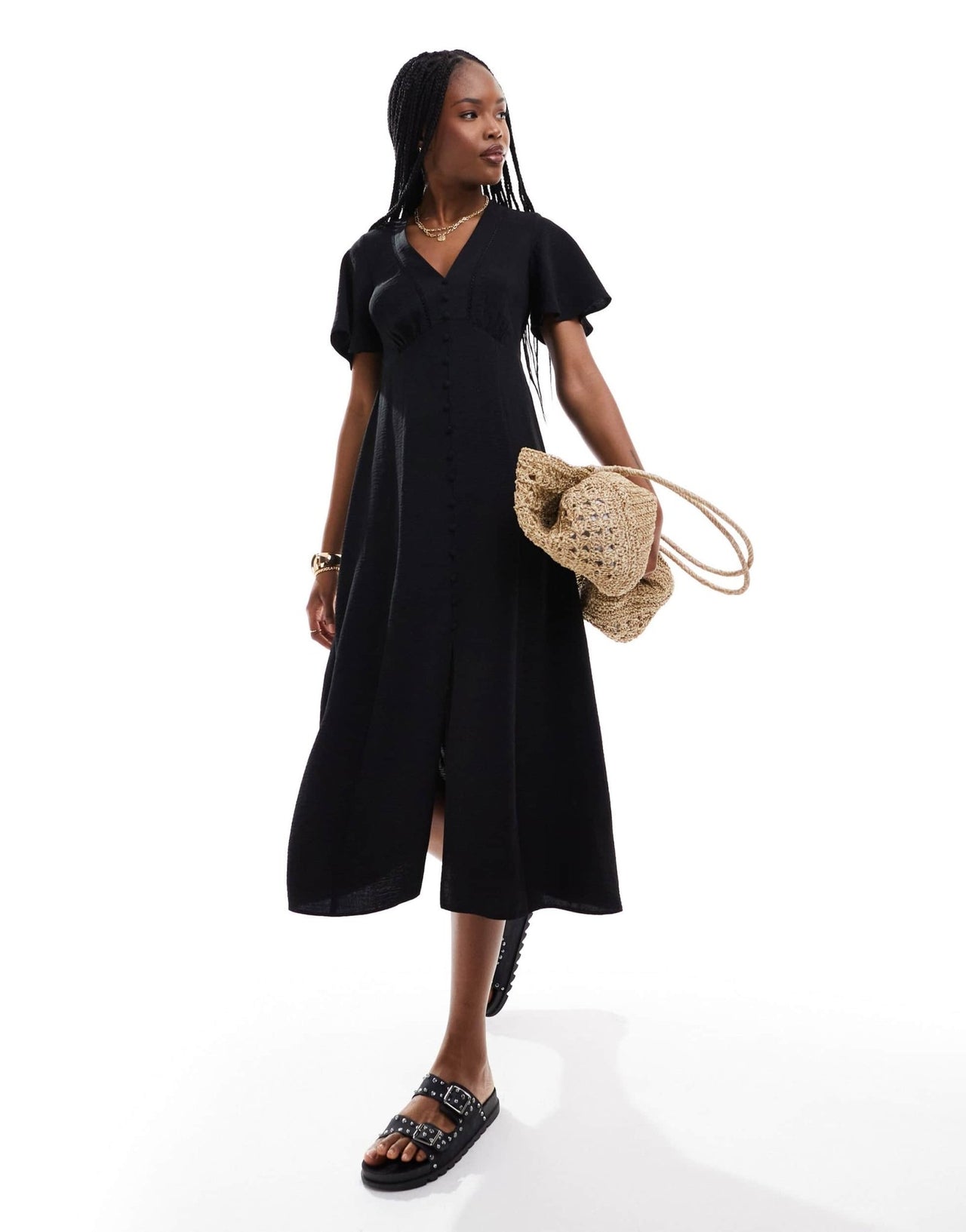 New Look lace detail button through dress in black - ASOS Sample Sale