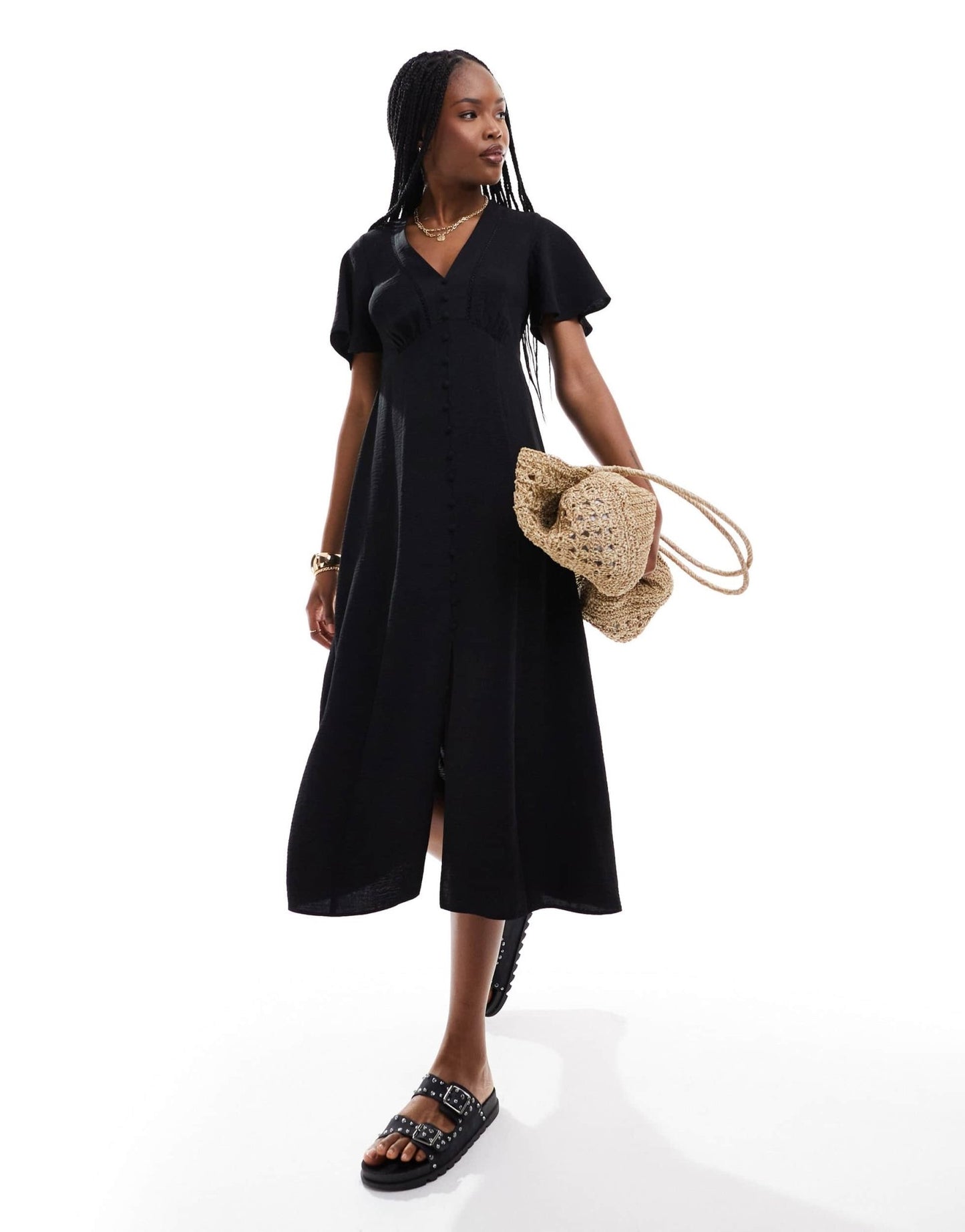 New Look lace detail button through dress in black - ASOS Sample Sale