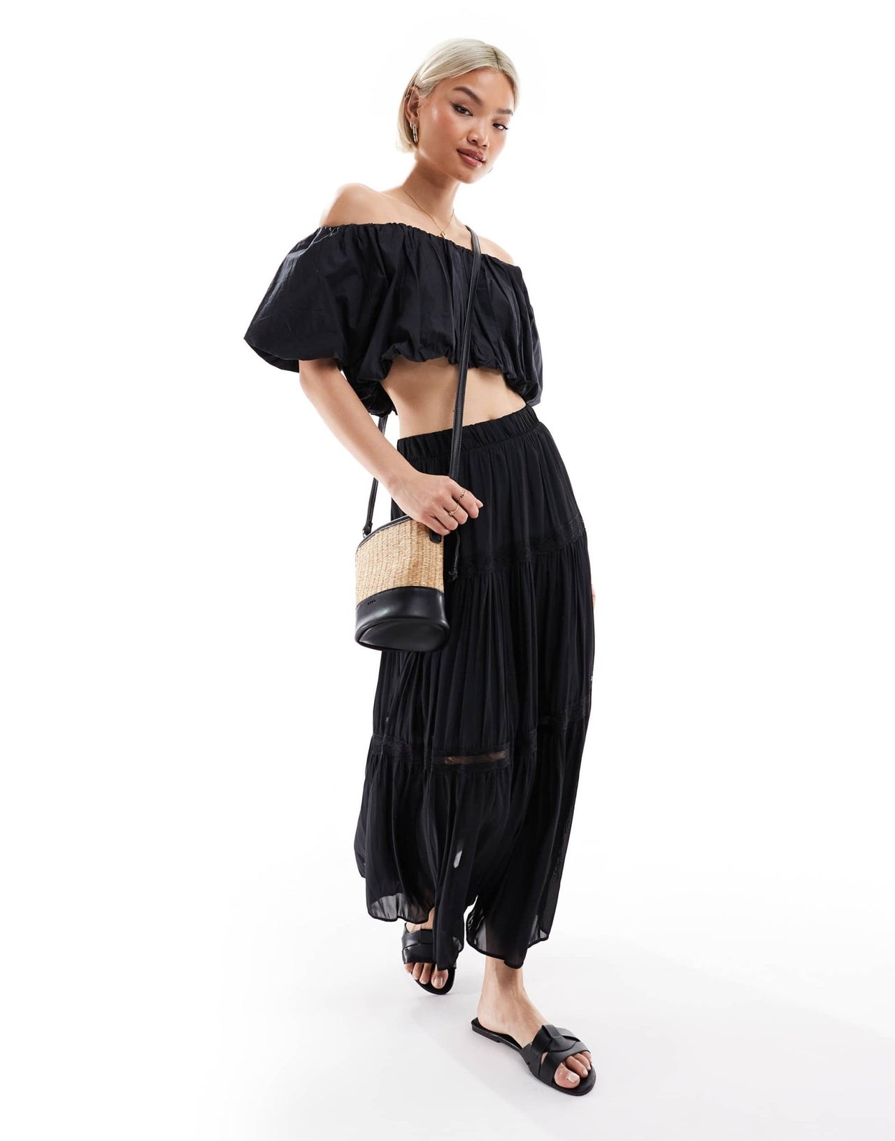 New Look lace insert crinkle tiered midi skirt in black - ASOS Sample Sale