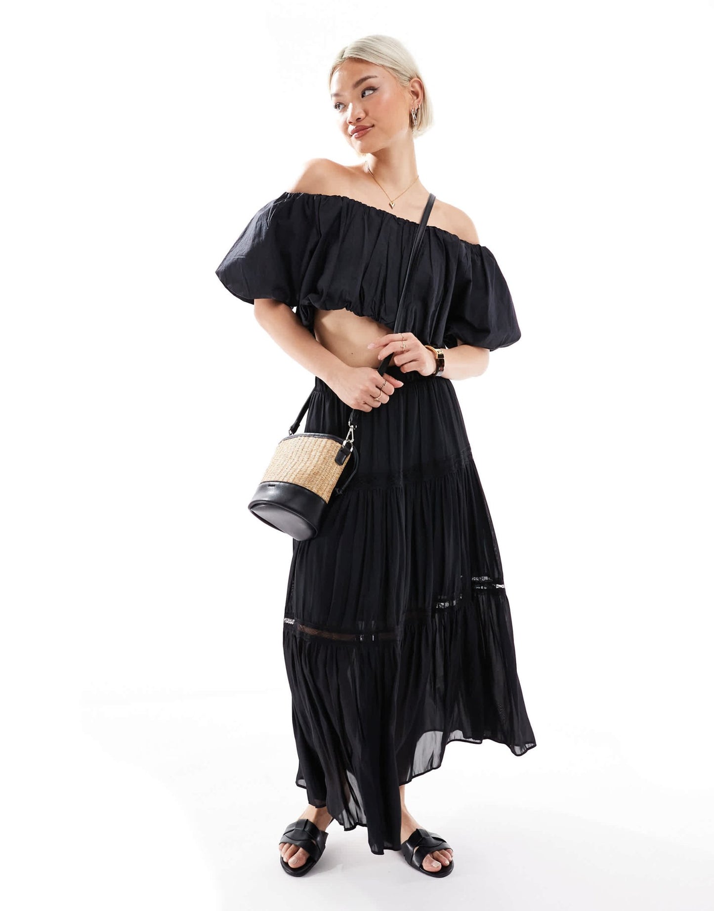 New Look lace insert crinkle tiered midi skirt in black - ASOS Sample Sale