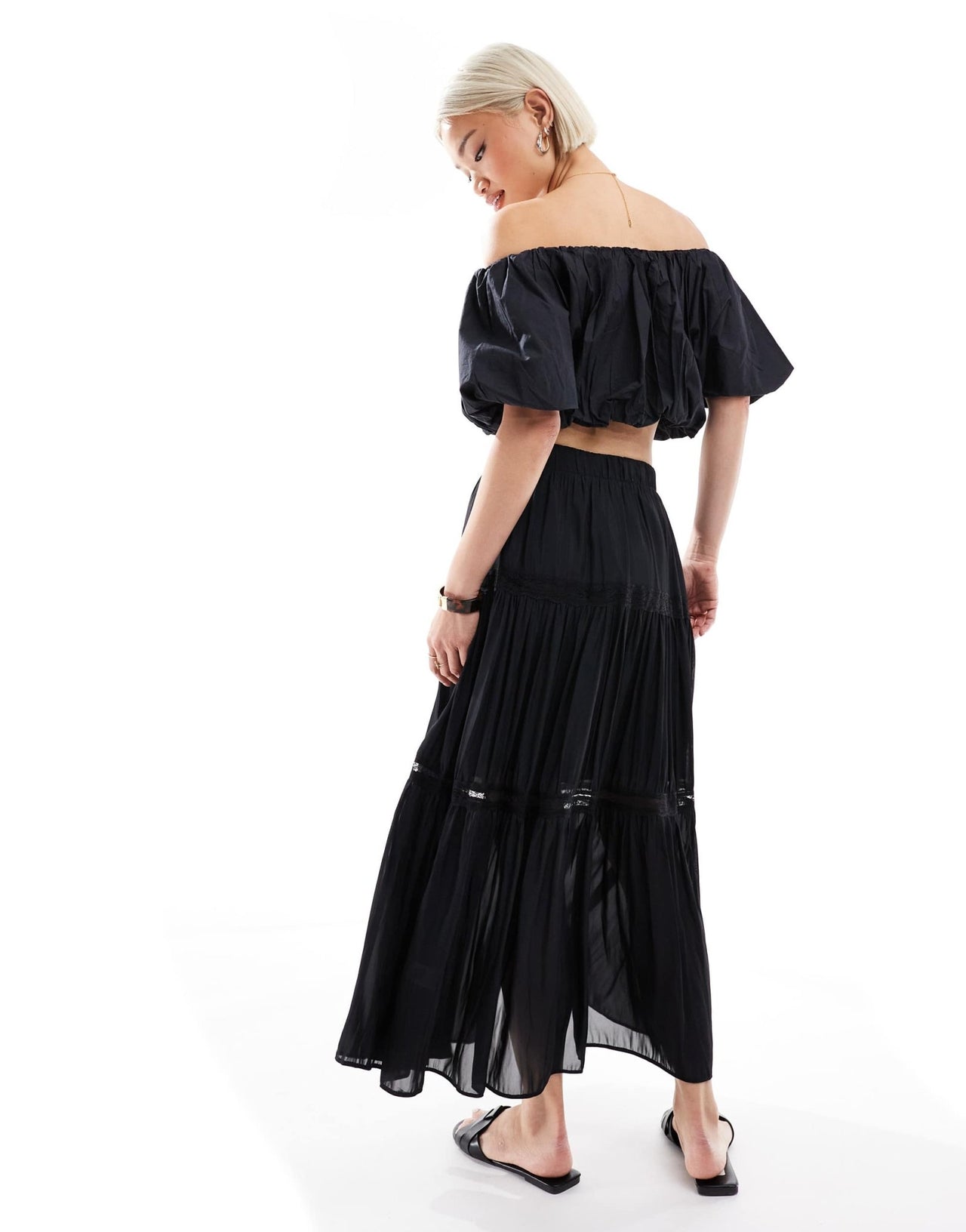New Look lace insert crinkle tiered midi skirt in black - ASOS Sample Sale