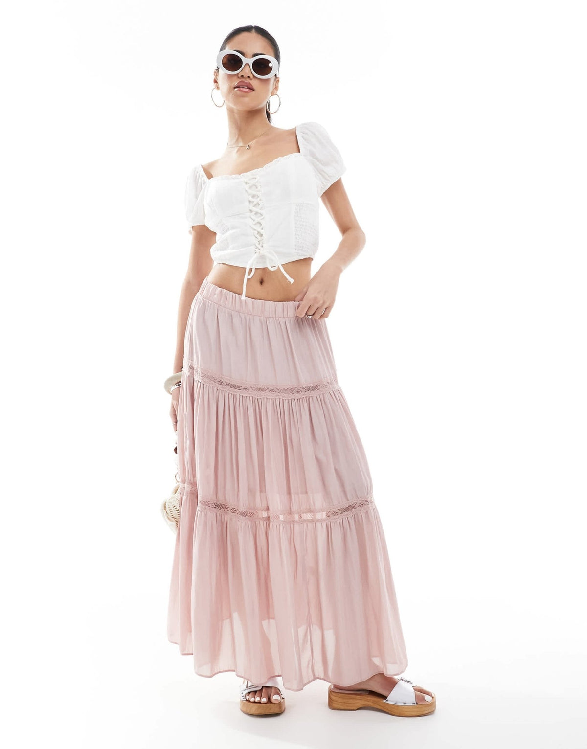 New Look lace insert crinkle tiered midi skirt in pink - ASOS Sample Sale