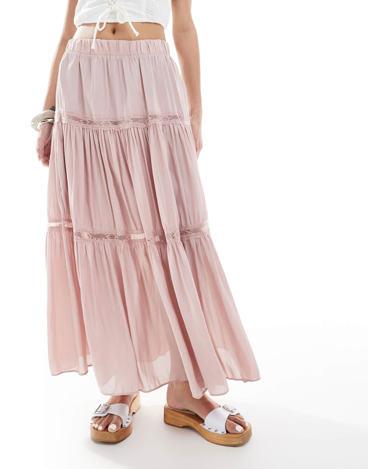 New Look lace insert crinkle tiered midi skirt in pink - ASOS Sample Sale