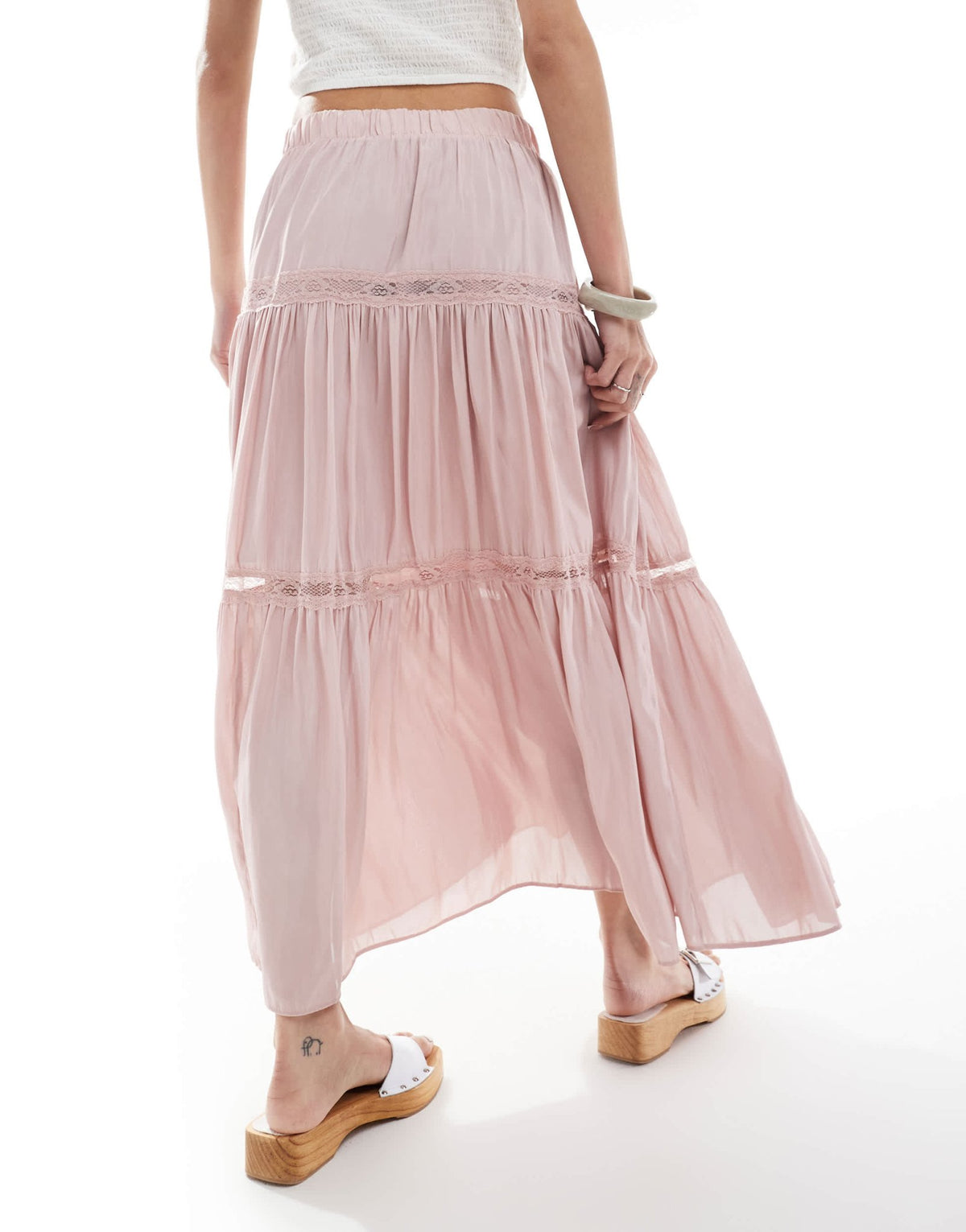 New Look lace insert crinkle tiered midi skirt in pink - ASOS Sample Sale