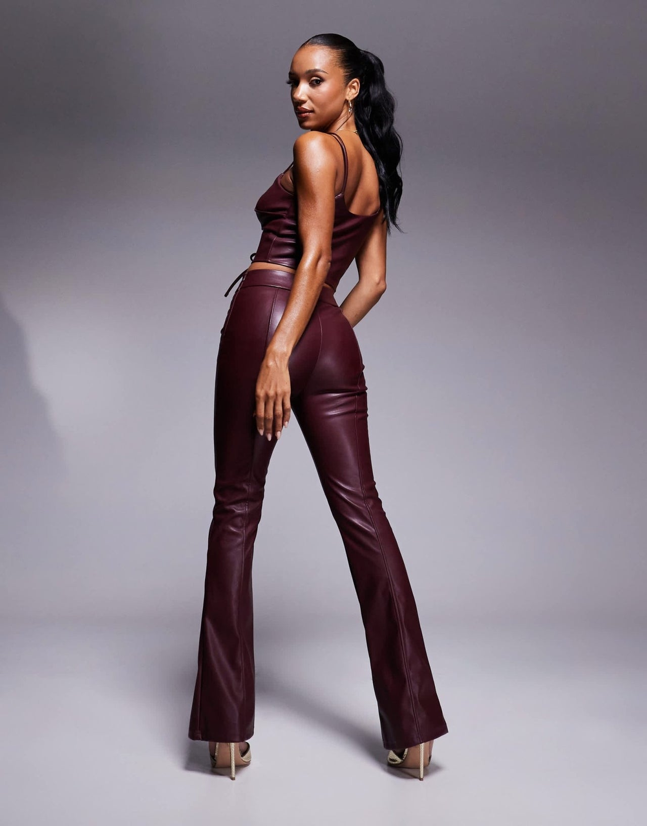 New look leather look lace up trouser co - ord in dark burgundy - ASOS Sample Sale