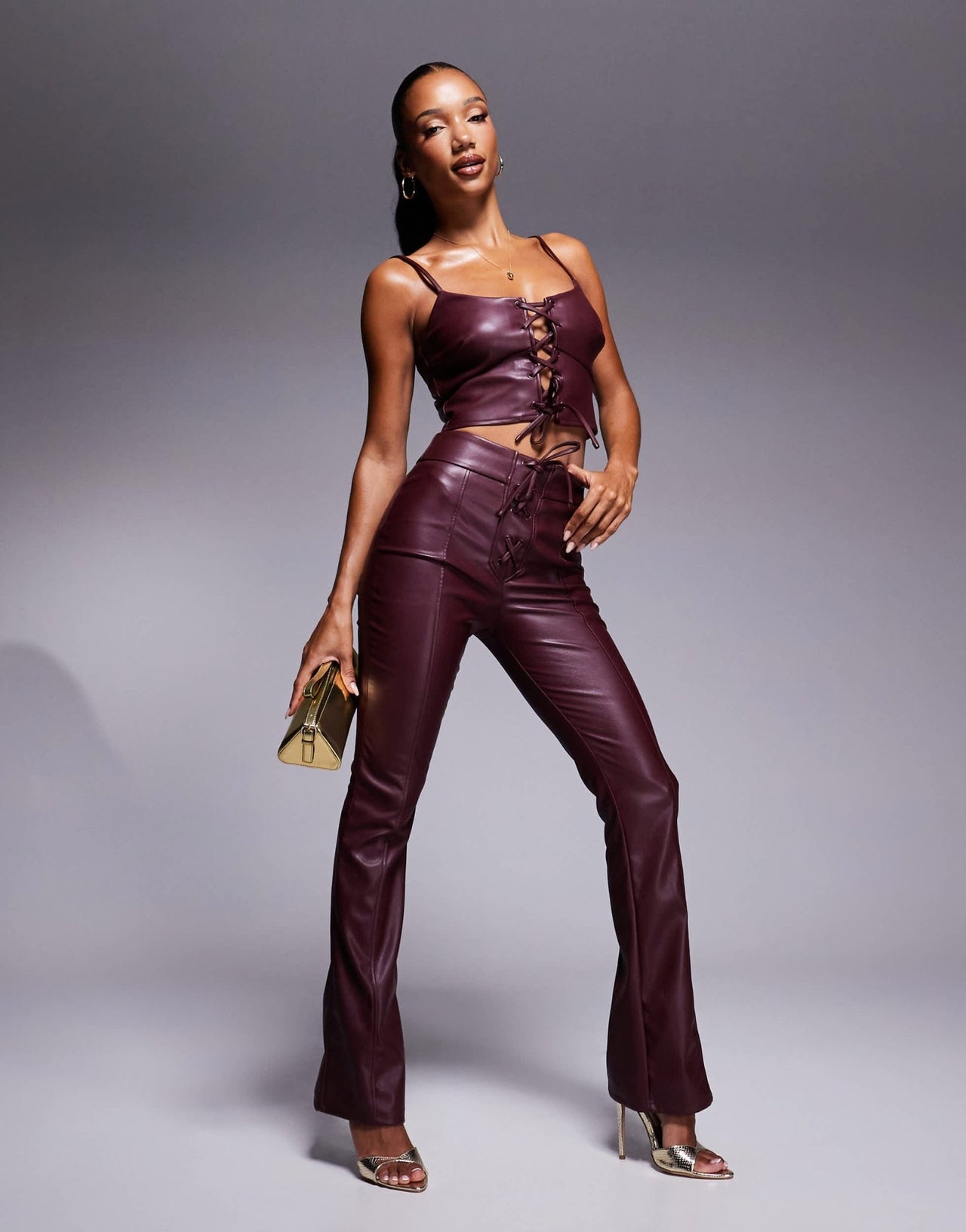 New look leather look lace up trouser co - ord in dark burgundy - ASOS Sample Sale