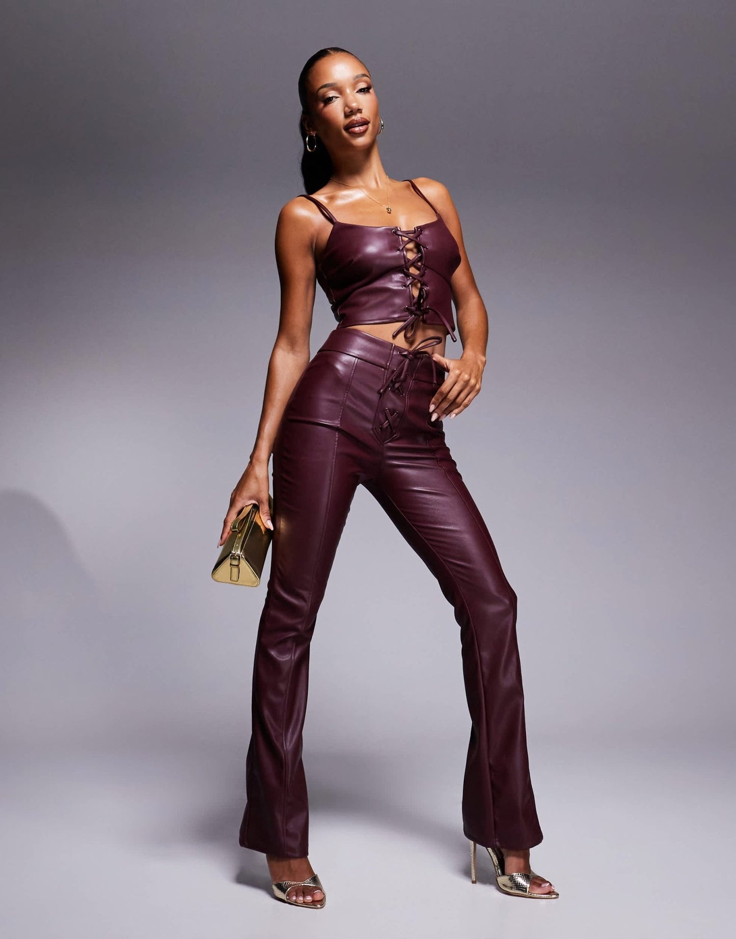 New look leather look lace up trouser co - ord in dark burgundy - ASOS Sample Sale