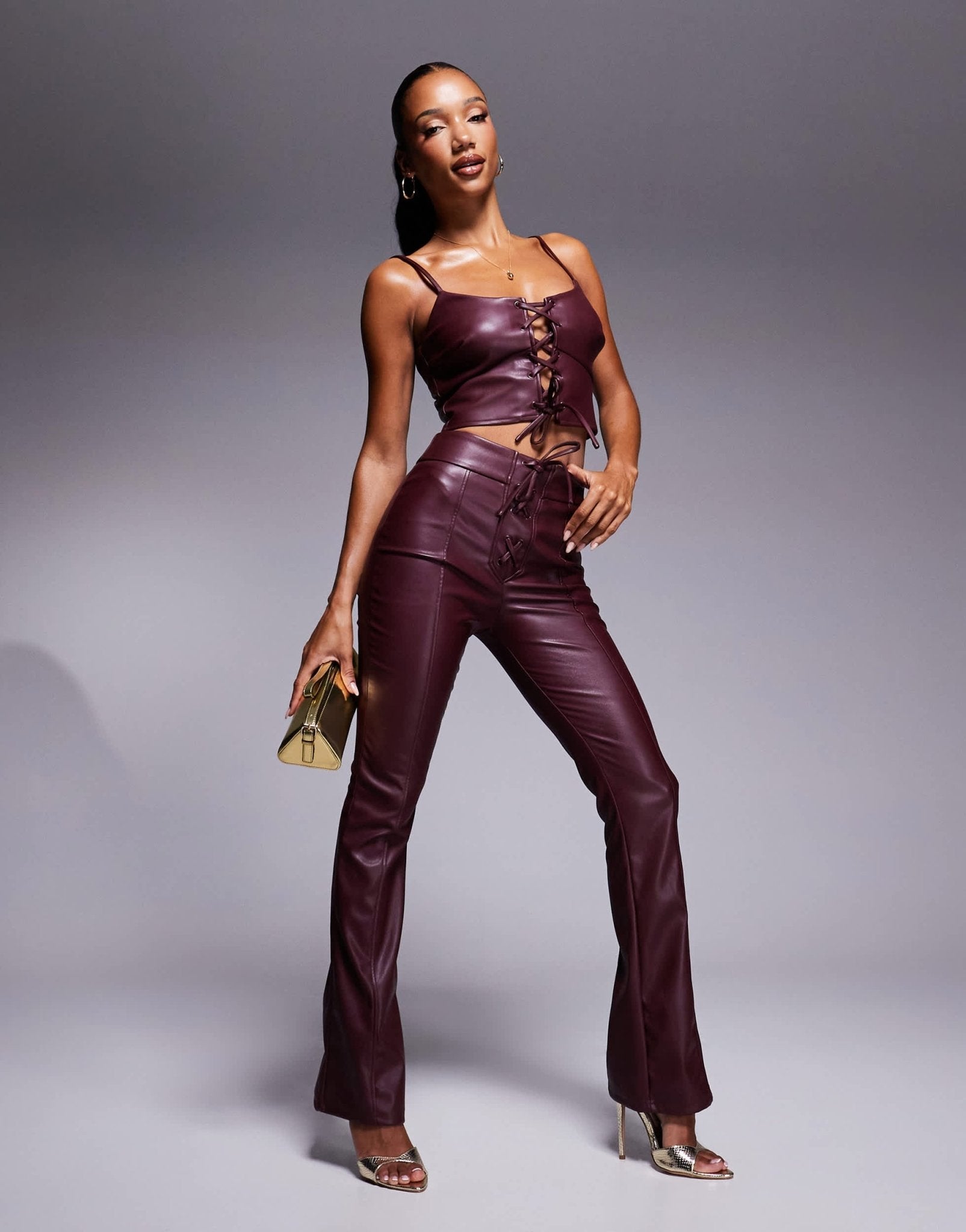 New look leather look lace up trouser co - ord in dark burgundy - ASOS Sample Sale