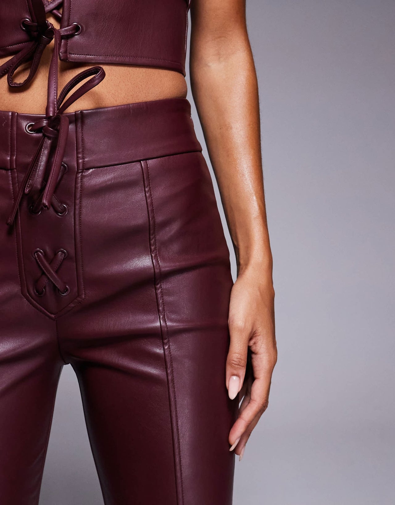 New look leather look lace up trouser co - ord in dark burgundy - ASOS Sample Sale
