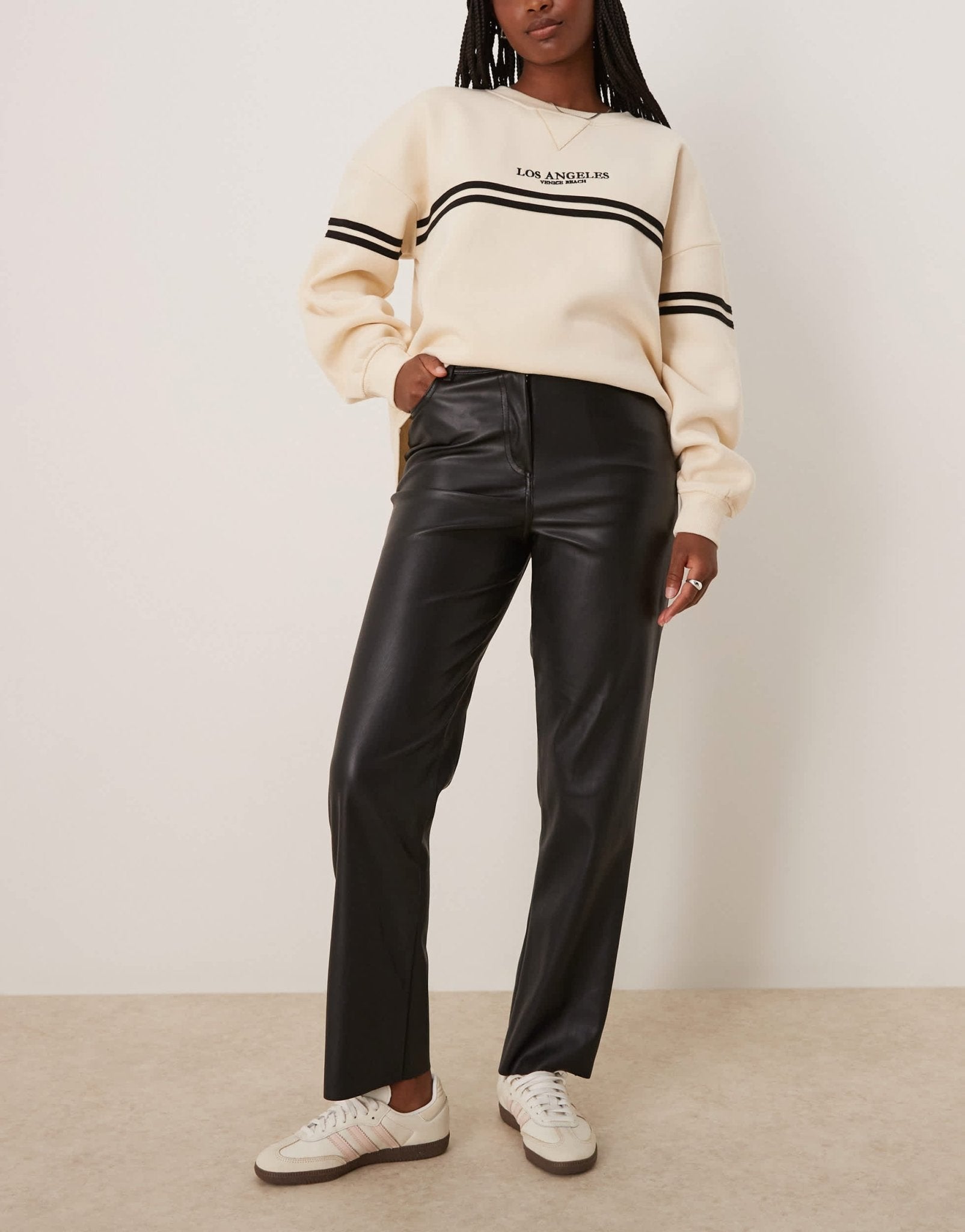 New Look leather look straight leg trouser in black - ASOS Sample Sale