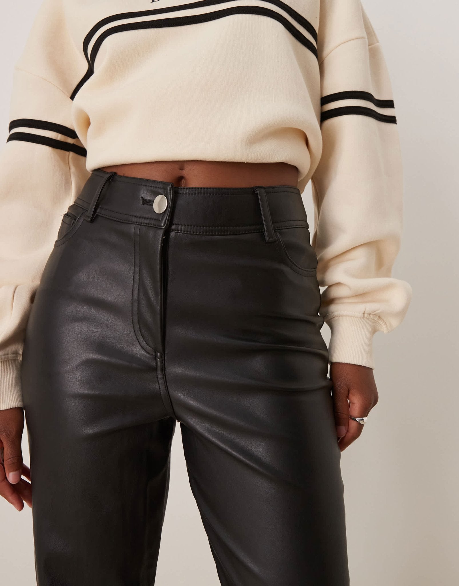 New Look leather look straight leg trouser in black - ASOS Sample Sale