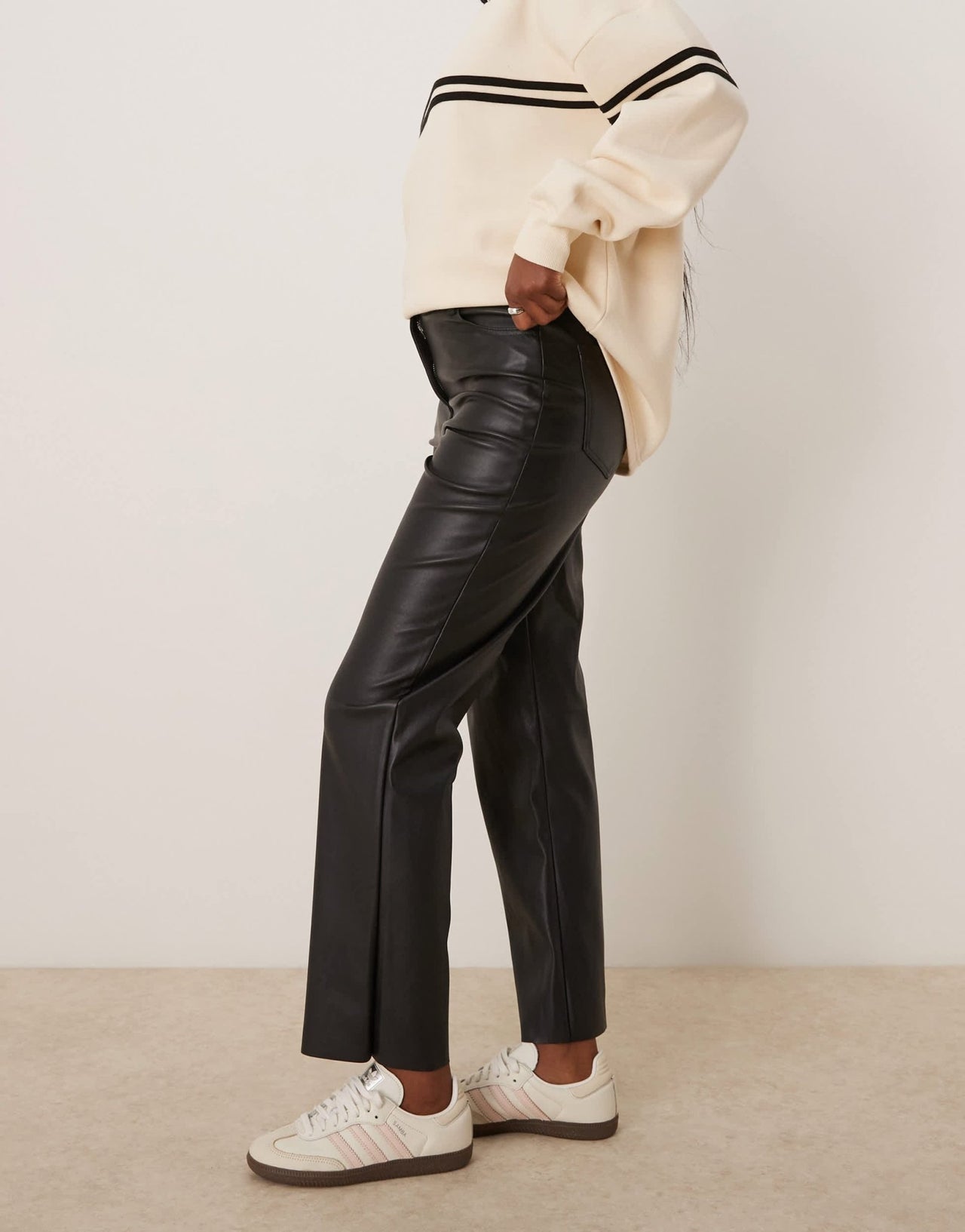 New Look leather look straight leg trouser in black - ASOS Sample Sale